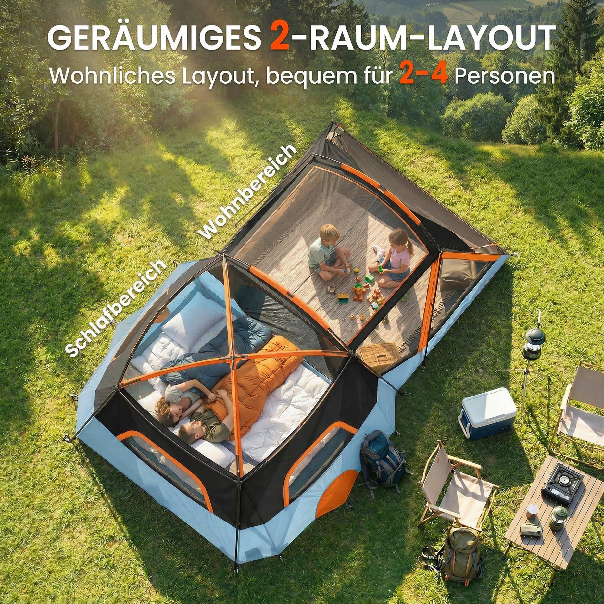 Outsunny Tunnelzelt 4 Personen Stehhöhe 3000-mm-Wassersäule Orange+Blau | Familienzelt, Schlaf- und Wohnzimmer, Dachfenstern, Bodenplane, Wasserdicht, Tragetasche, Campingzelt für Cmping