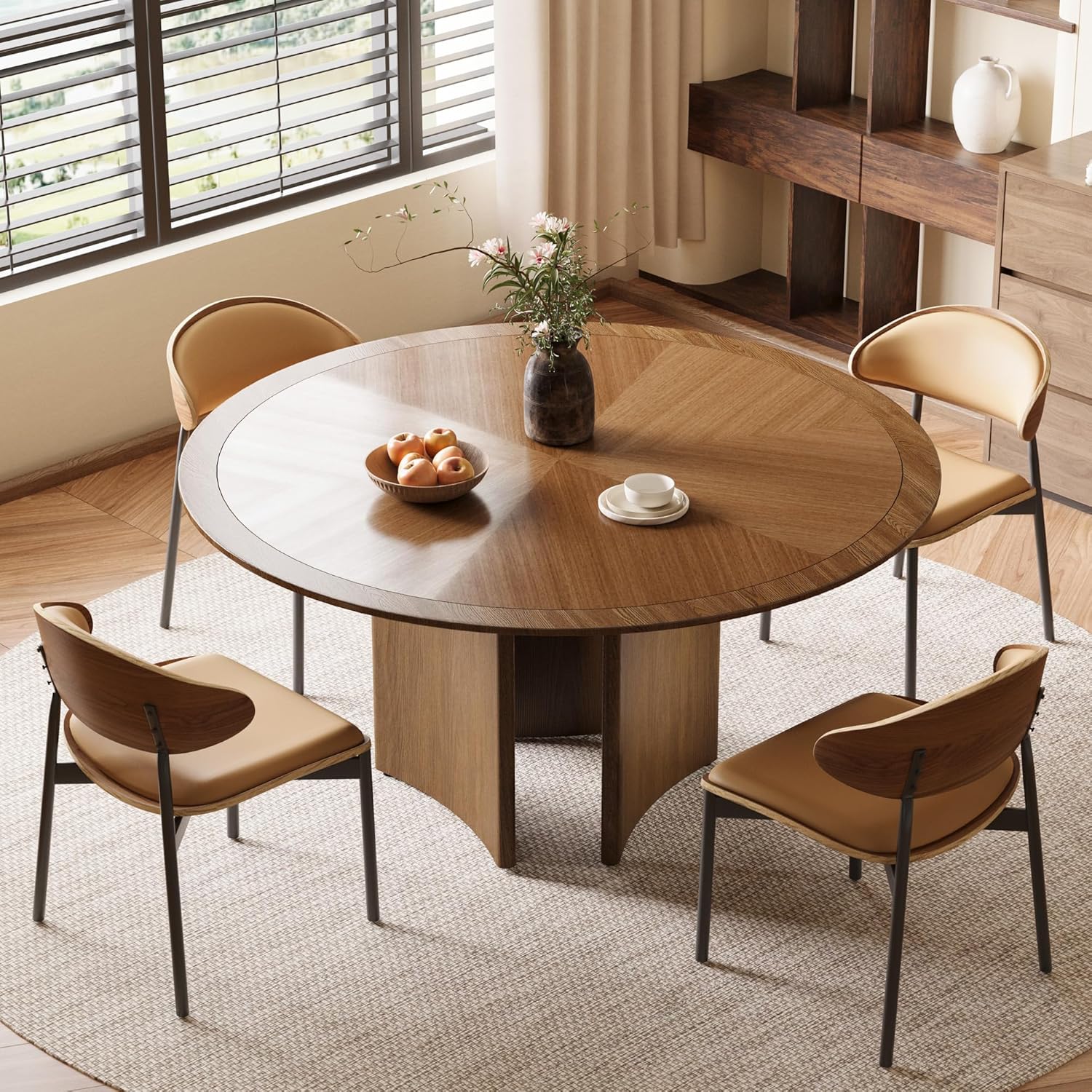 Modern Round Dining Table for 4-6 People, 59.05", Faux Leather Base with Walnut Solid Wood Veneer Top, Ideal for Living Room, Kitchen, or Apartment,Walnut (59.1"Round Solid Wood Veneer Dining Table)