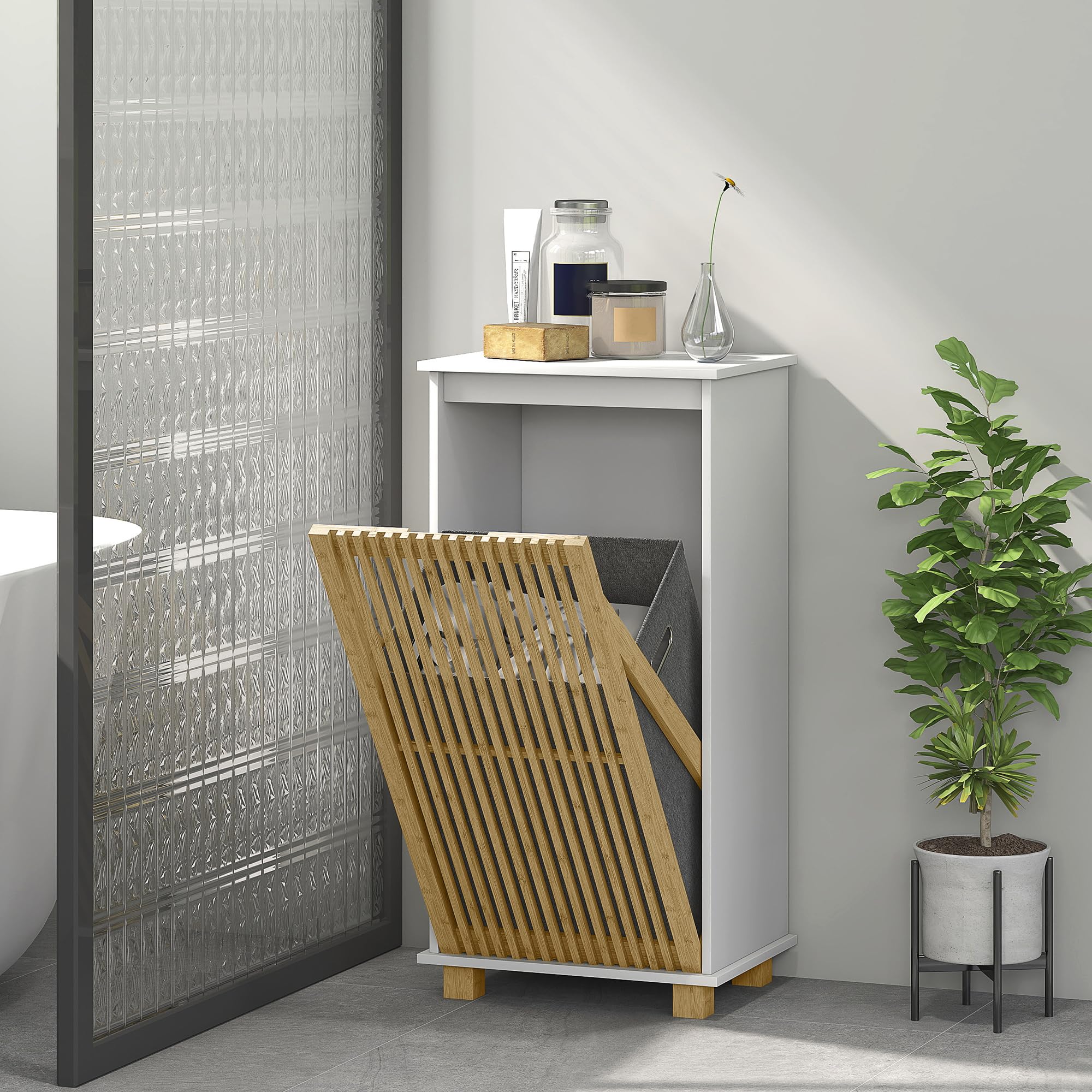 HOMCOM Meuble salle de bain 40 x 30 x 80 cm Blanc et Effet Bois Naturel | Panier À Linge, Armoire De Rangement, Porte À Lattes En Bambou, Sac Amovible