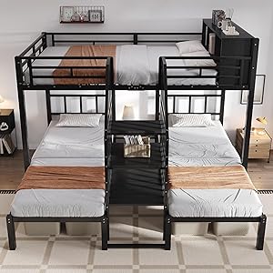 Moimhear Cama de hierro, litera, con tres plazas para dormir, cómoda escalera con pasamanos, estructura estable del marco de la cama, cama superior con espacio de almacenamiento, hierro, negro, 90 x