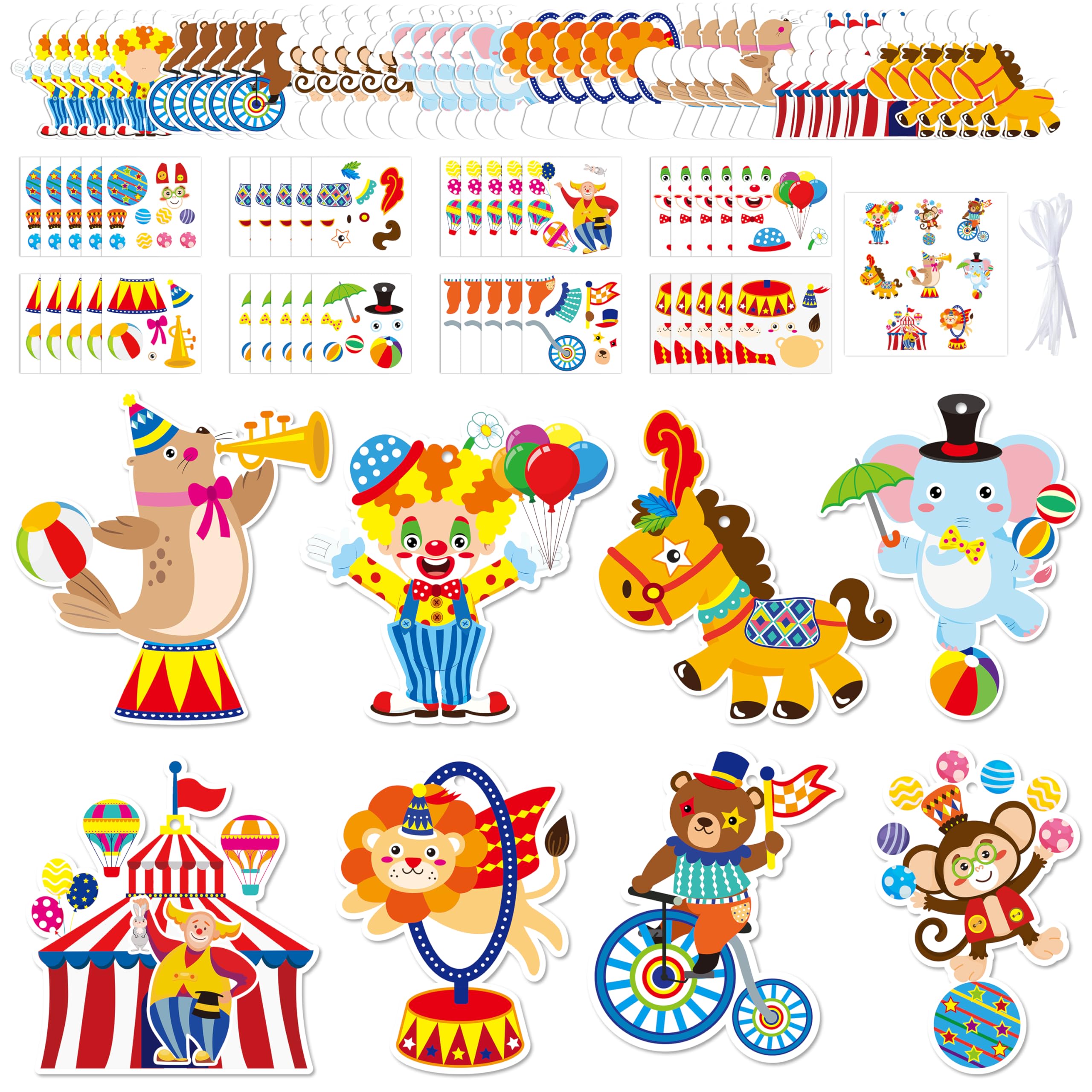 3sscha 40 Packs Circus Carnival Craft Kit for Kids - Make Your Own Circus Card Bulk Set DIY Self-Adhesive Sticker Clown Animal Juggling Handmade Art