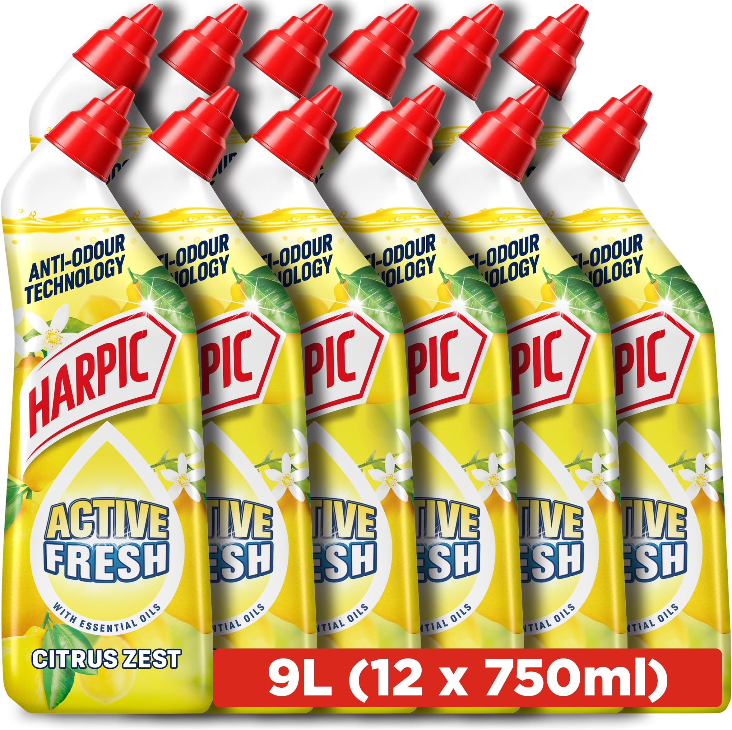 Active Fresh Toilet Cleaning Gel, Citrus Zest, 750ml (12 x 750ml, Total 9.0L), with Essential Oils, Anti-odour, Toilet Cleaner, Kills 99.9% of Bacteria