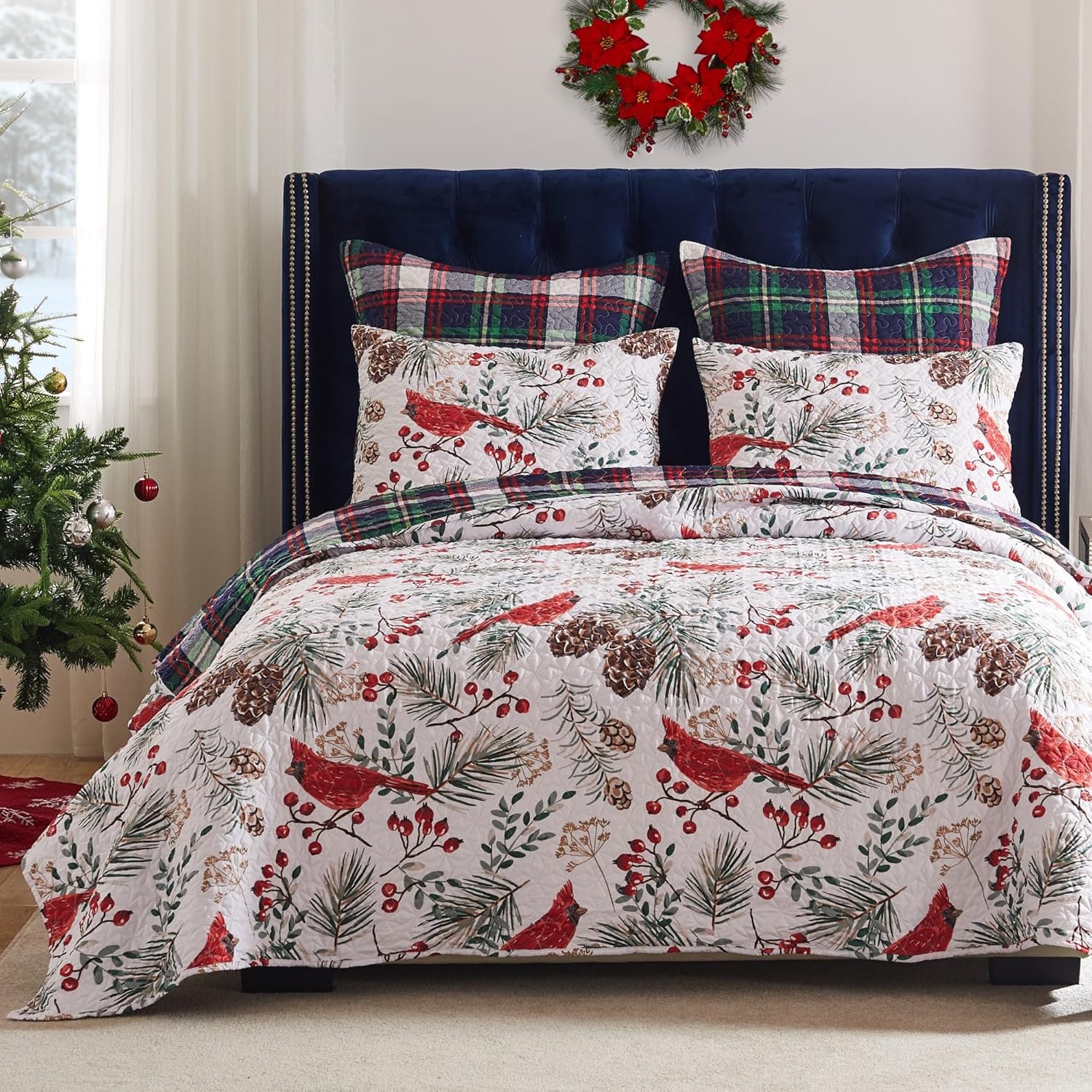 Greenland Home Cardinal Plaid Winter Wonderland Reversible Quilt Set, 3-Piece Full/Queen
