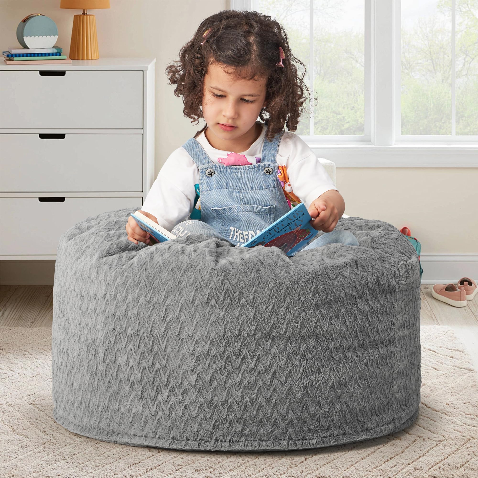 Hobestluk Bean Bag Chairs 2.5FT Bean Bag Chair with Memory Foam Filled & Chevron Plush Fur Cover Small Bean Bag Chairs for Playroom, Living Room,