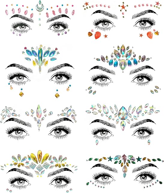 SHINEYES 8 Pcs Gemstone Face Stickers for Music Festival Party, Rhinestone Face Gems for Birthday Christmas, Face Glitter Stickers for Carnival, Face decal Temporary Tattoos for Holiday Party