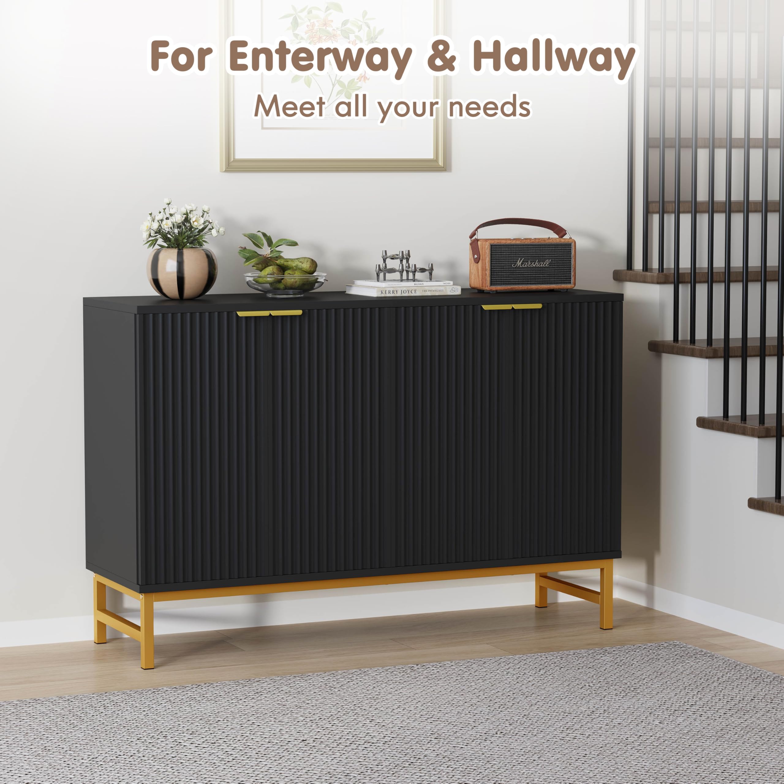 Luoxiao 120 cm Sideboard Buffetschrank mit 4 Türen Holz Kommode Modern Küchenschrank mit Metallbeine Schrank für Wohnzimmer, Esszimmer, Küche, Flur, Büro, Schwarz