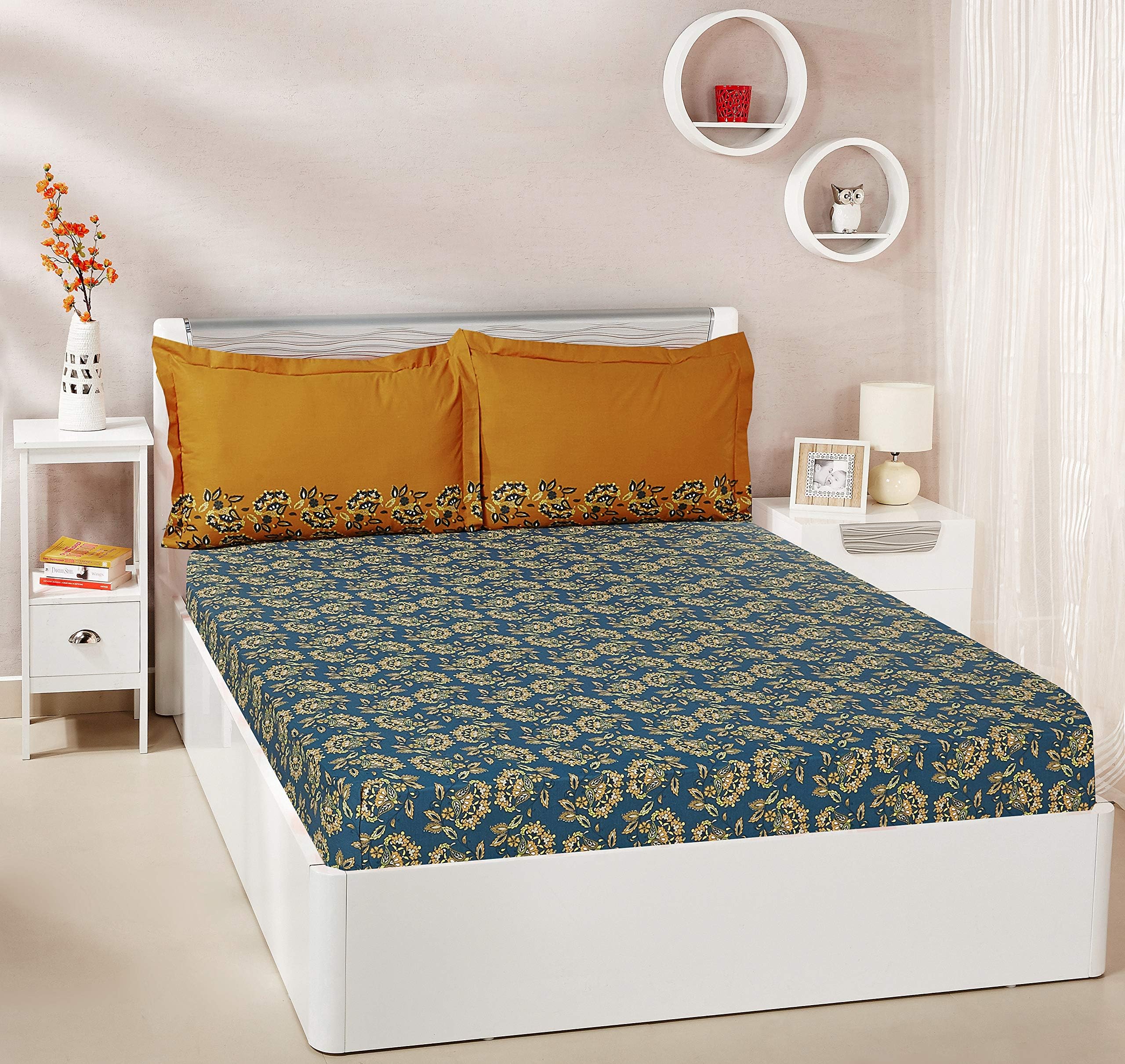 Amazon Brand - Solimo Ditsy Dale 144 TC 100% Cotton King Size Bedsheet with 2 Pillow Covers, Blue