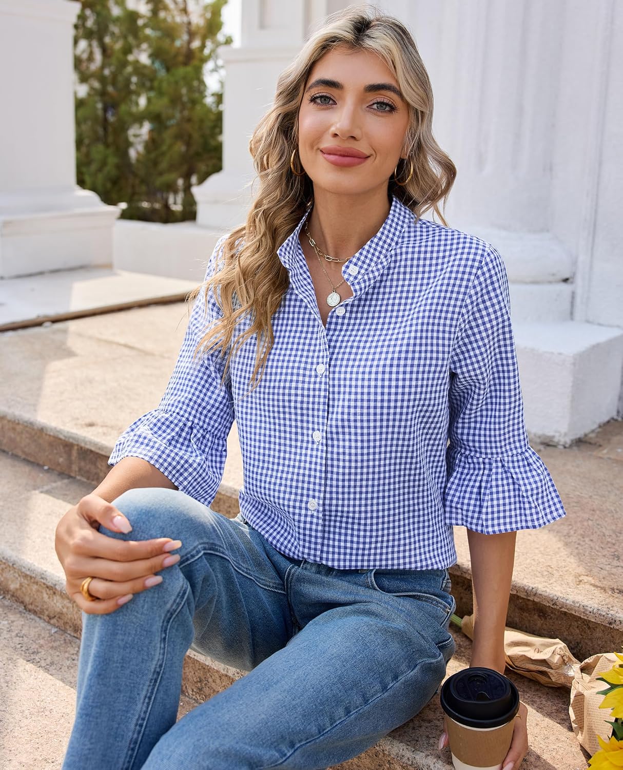 siliteelon Plaid Shirts for Women: 3/4 Ruffle Sleeve Mandarin Collar Dressy Casual 2026 Spring Summer Ladies Woman Tops - Image 5