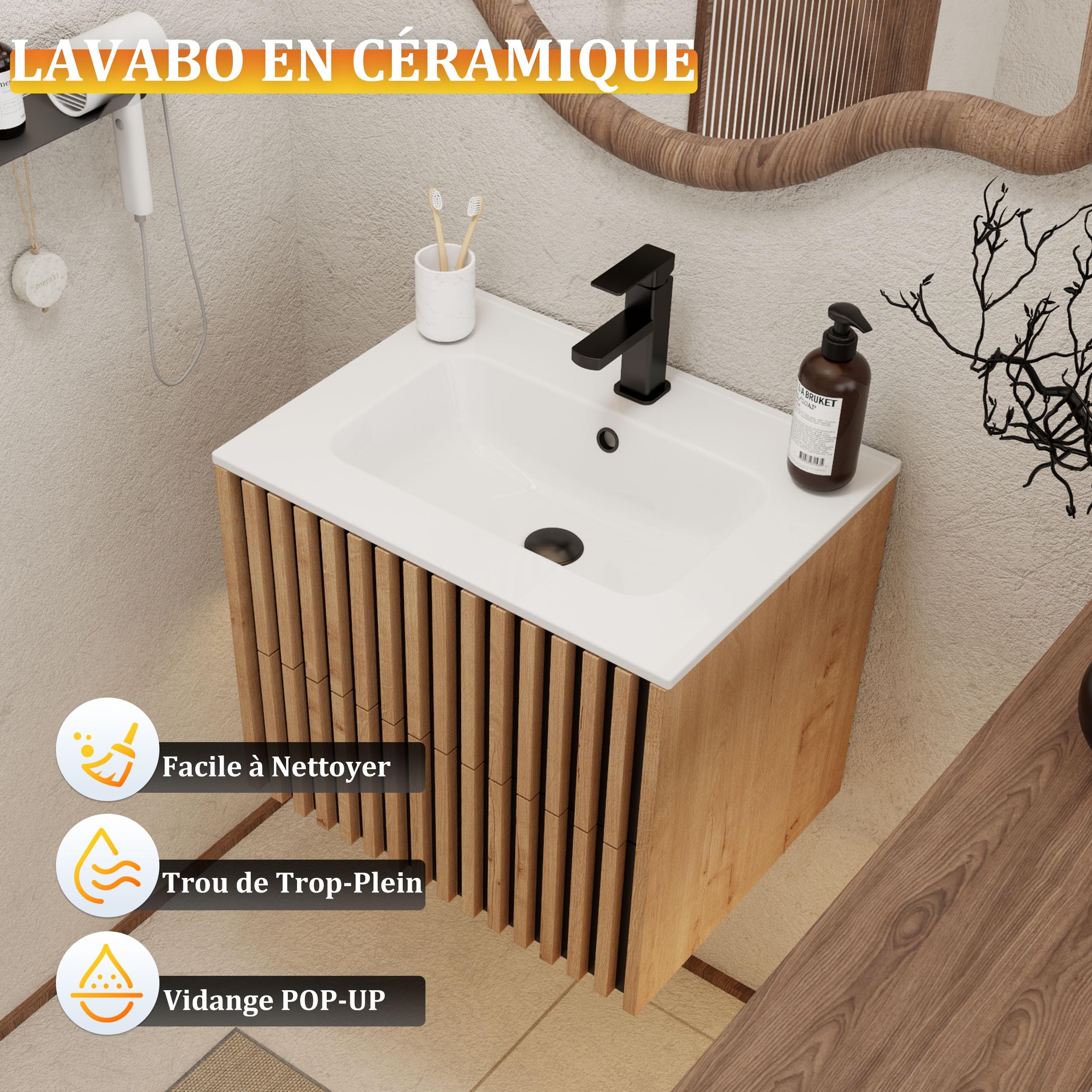UEV Meuble Salle de Bain 60cm, Meuble Suspendu avec Lavabo en Céramique, Deux Tiroirs avec Grand Espace de Rangement, Poignée Cachée, Motif de Ligne, 60 x 45 x 50cm, Naturel