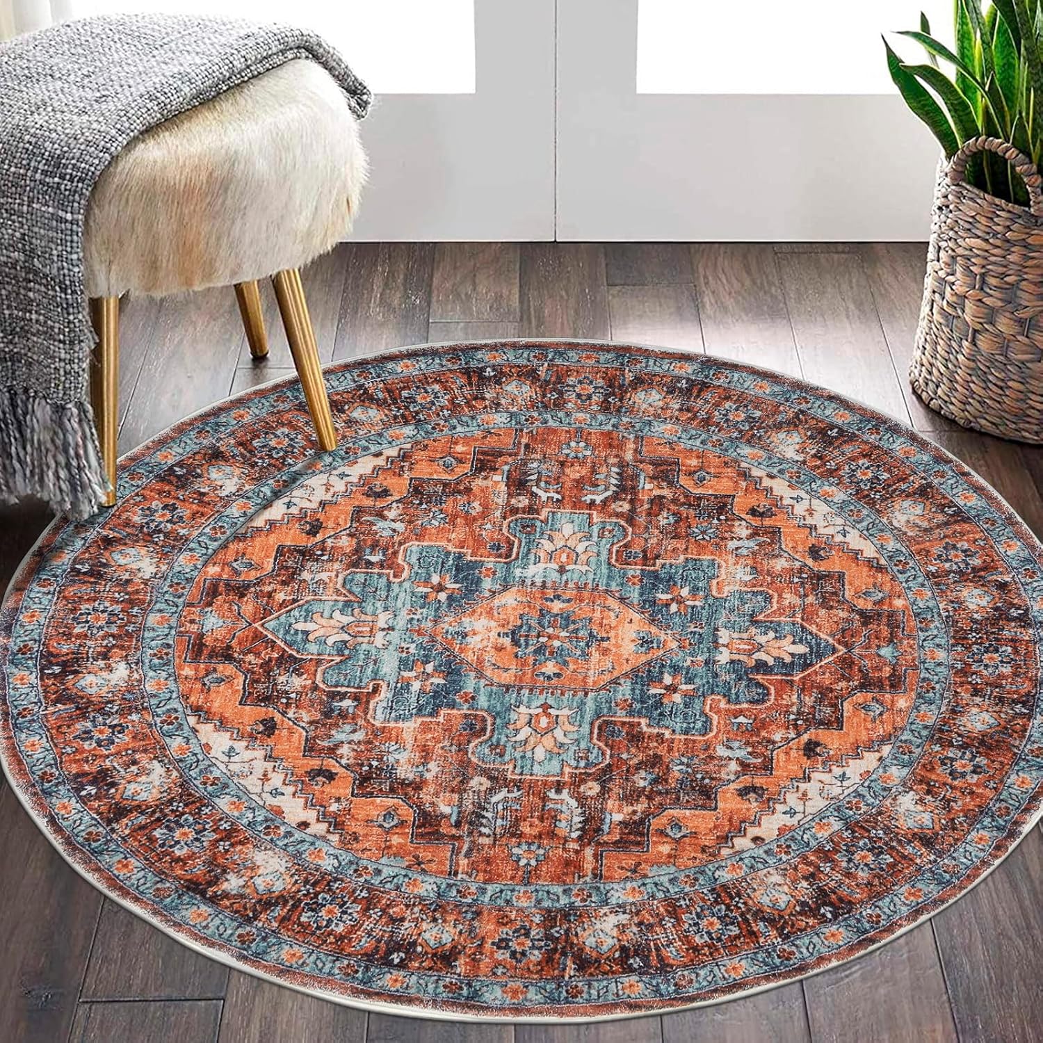SHACOS Area Rug 4ft Round Rug Vintage Medallion Rugs Faux Wool Indoor Soft Rug Vibrant Multi
