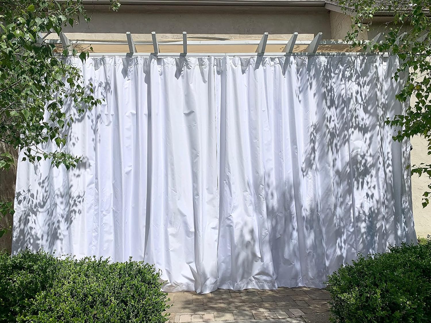 Ikiriska Custom Made Waterproof Outside Curtains Any Size. (1 Panel with tieback) Rust Proofed Grommet top. Heavy Weighted Rope/Chain on The Bottom (White, 86" Wx156 L)