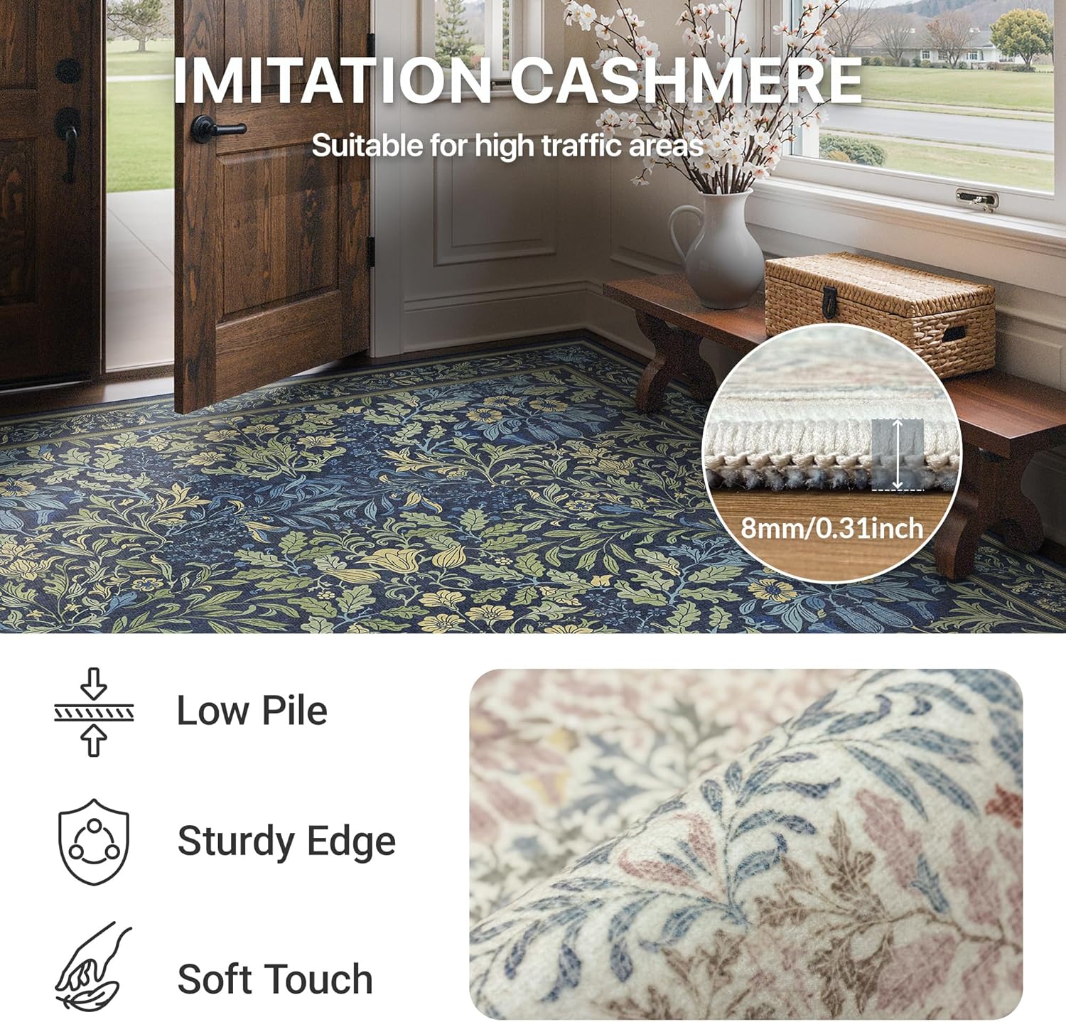 GENIMO Washable Small Reversible Rug 2x3, Low-Pile Non-Slip Kitchen Mat, Small Entryway Rug for Front Door Entrance, Hallway, Bathroom, Vintage Boho Floral Indoor Decor, Beige/Navy