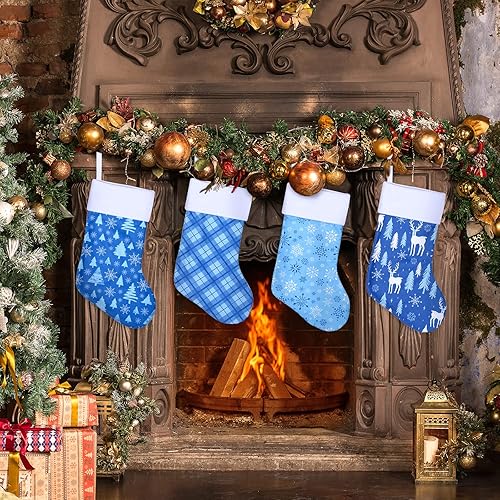 Miniatura 5 de Whaline Juego de 4 medias de Navidad, medias de franela de 18 pulgadas de tamaño grande con copos de nieve, diseño de reno de árbol de Navidad para