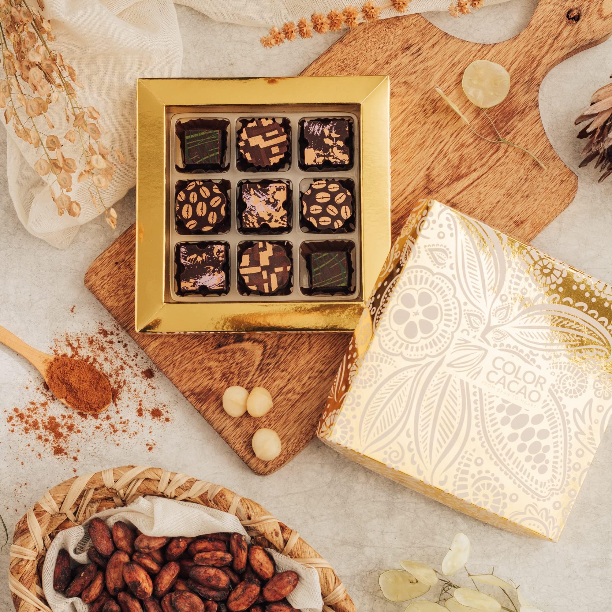 Fine Artisan Chocolate Assorted Collection by Color Cacao | 9 Pieces | Luxury Gift Box | Single Origin, From Bean to Bar |Premium Chocolate Gift perfect for Chocolate Lovers, 3.17 oz