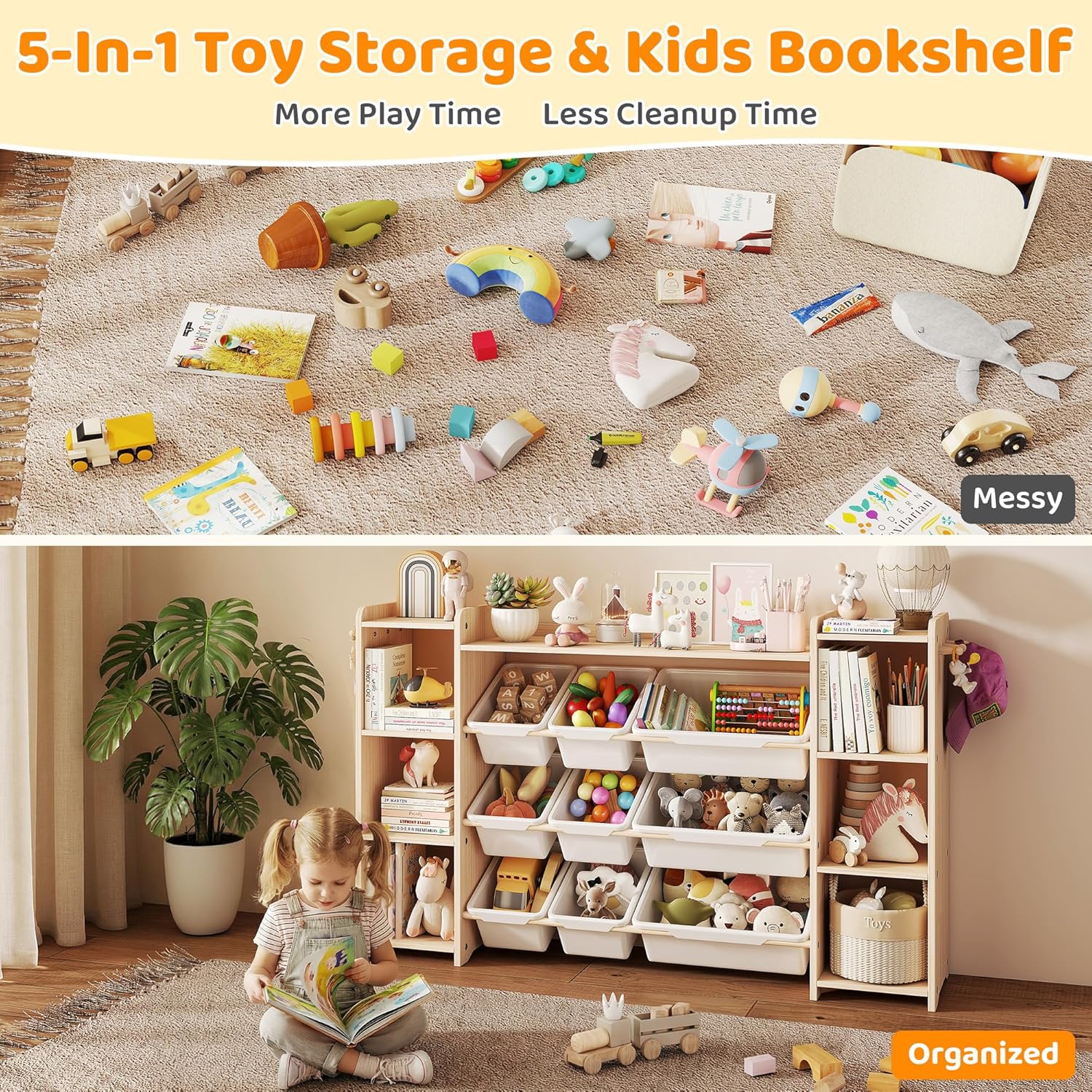 Toy Storage Organizer, Kids Bookshelf with 6 Shelves, 9 Toy Bins & 6 Hooks | Toy Shelf, Storage Bin Unit, Toy Organization for Playroom, Nursery, Bedroom, Toddler Room | Wood & White