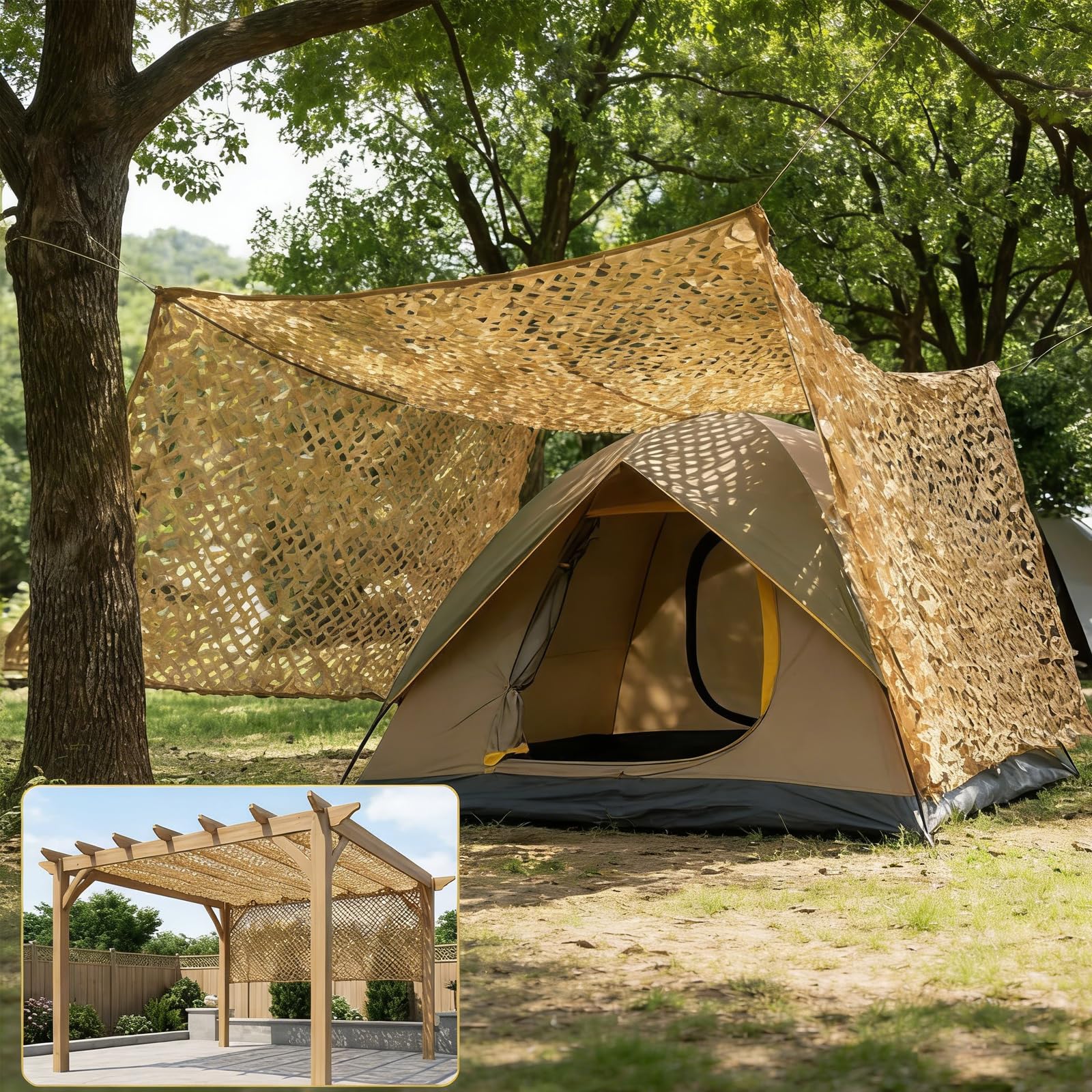 Filet De Camouflage Sable 4x5m Voile D'ombrage De Pergola De Camping De Chasse Militaire, Filet Camo pour Soleil en Plein Air Thème Parti Décoration Voiture Couvre 6x6m 6x8m 7x9m 8x8m 9x9m