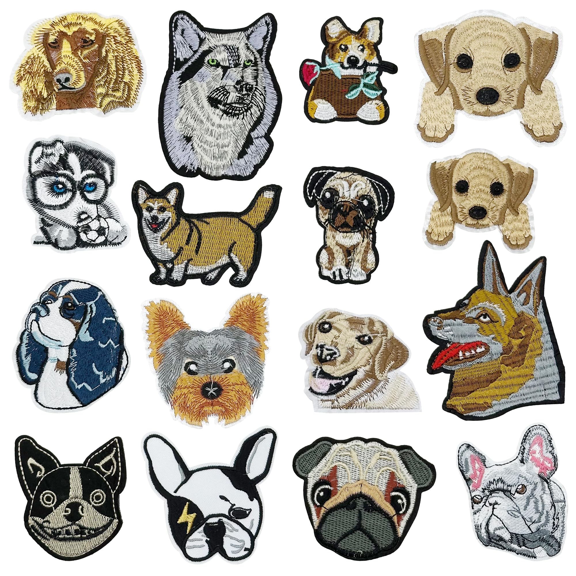 Attuslla 16 PCS Iron On Patches Dog Repair Patches Kit Sew on Embroidered Applique DIY Accessory for Jeans Jackets Clothes Backpack Cap DIY Crafts Sew Making
