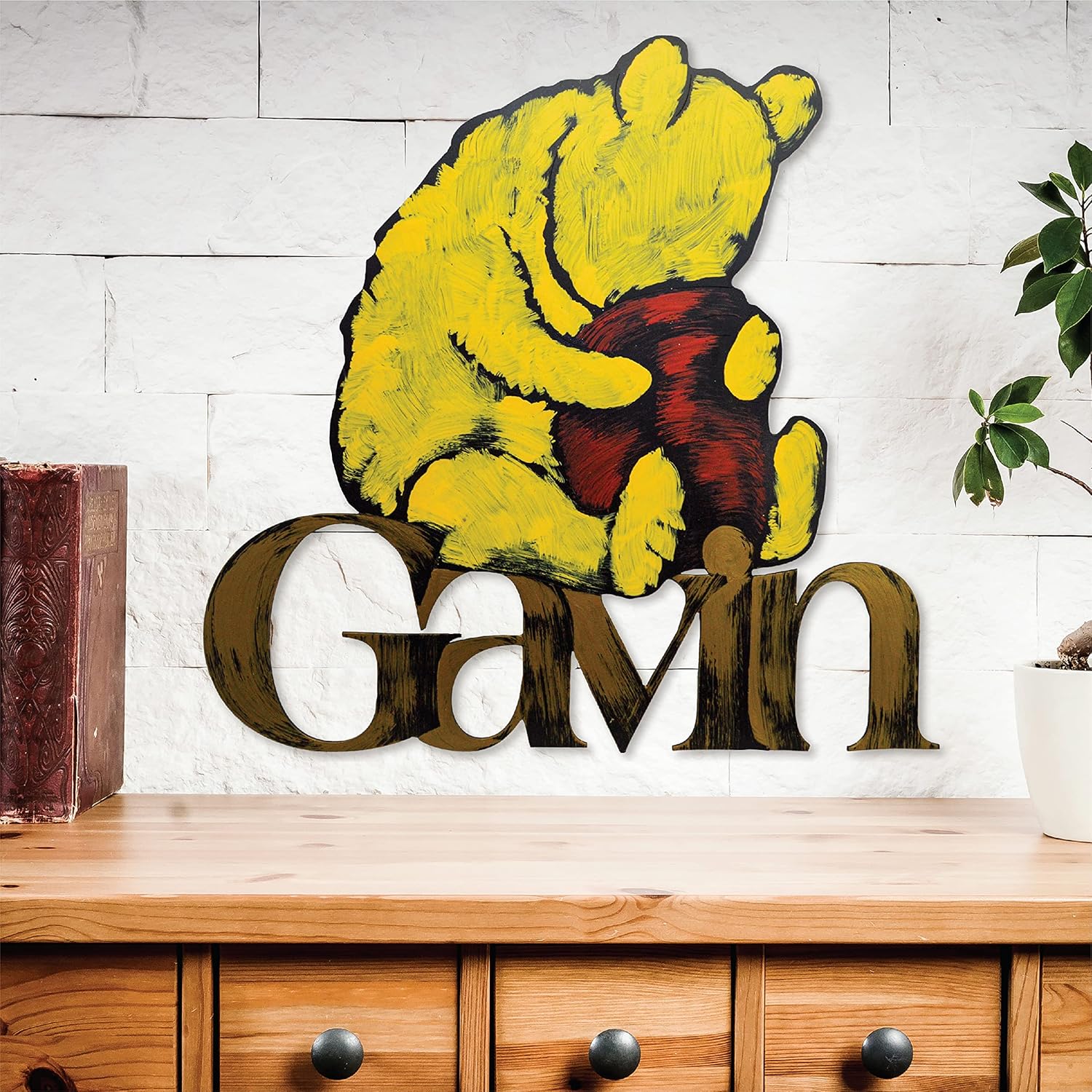 Word Wall Art: Hand-Painted Winnie the Pooh Personalized Baby Name Sign Wall Art, 21x22 Inches, No-Nail Nursery Wall Decor