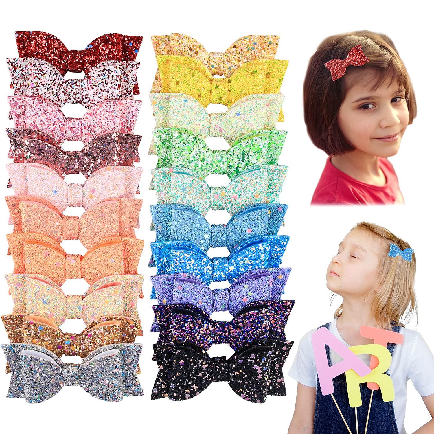 20Pcs Sequin Hair Bows Girls Hair Clips 3.5'' Glitter Hair Bows Alligator Clips Hair Accessories for Babies Girls Toddler Teens