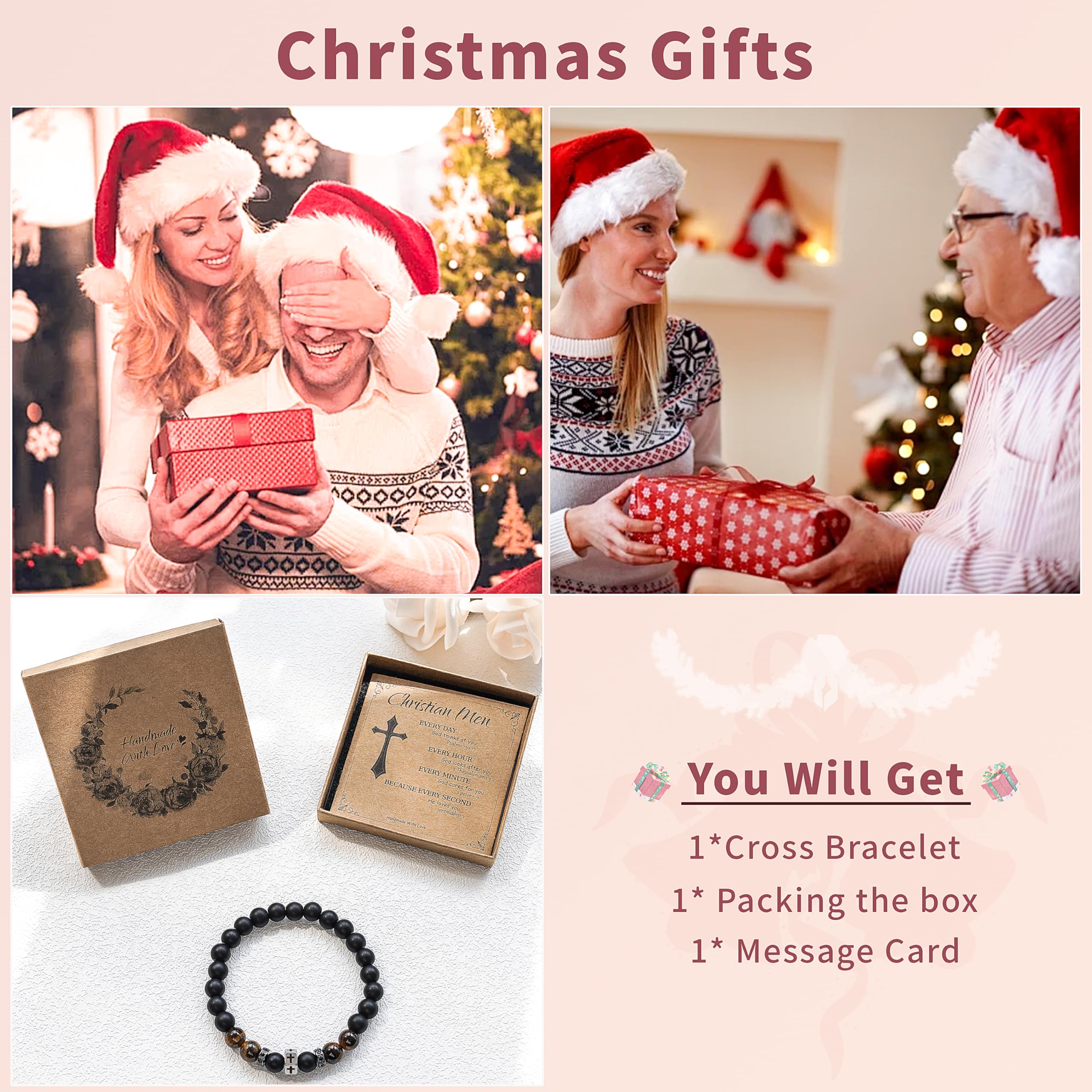 Pulsera cristiana con cuentas de ojo de tigre de 0.315 in Pulsera de cuentas de cruz negra Regalo de joyería para hombres religiosos, Talla única, Piedra, No es una piedra preciosa 7