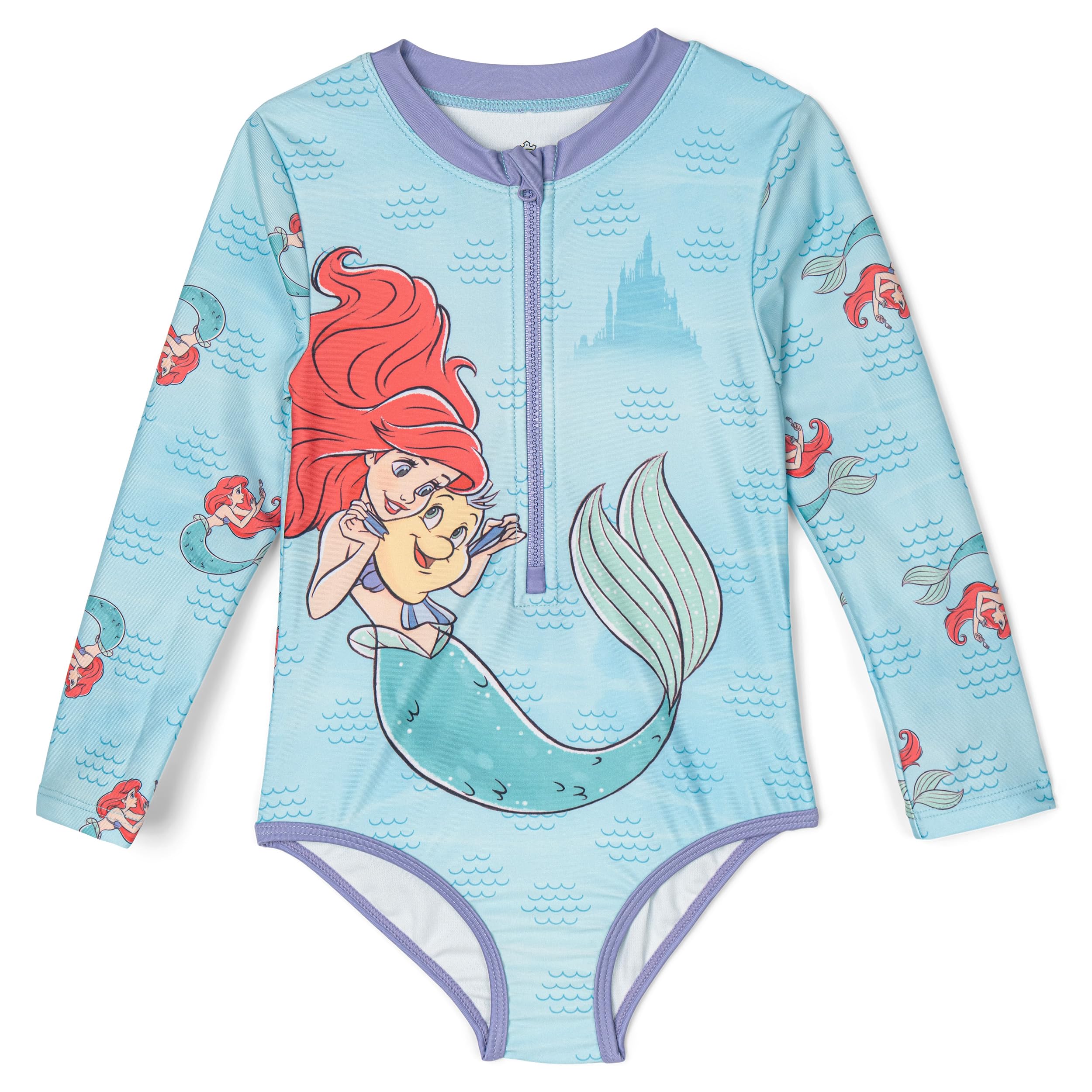 Disney Princess Ariel Girls Half Zip One Piece Bathing Suit UPF 50+ Toddler to Big Kid Sizes (2T - 10-12)