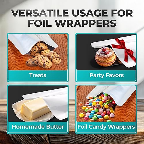 Miniatura 6 de Skywin Paquete de 100 envoltorios de chocolate con sellado térmico (paquete de 100), color plateado, envoltorios de barra de chocolate de 4 x 6