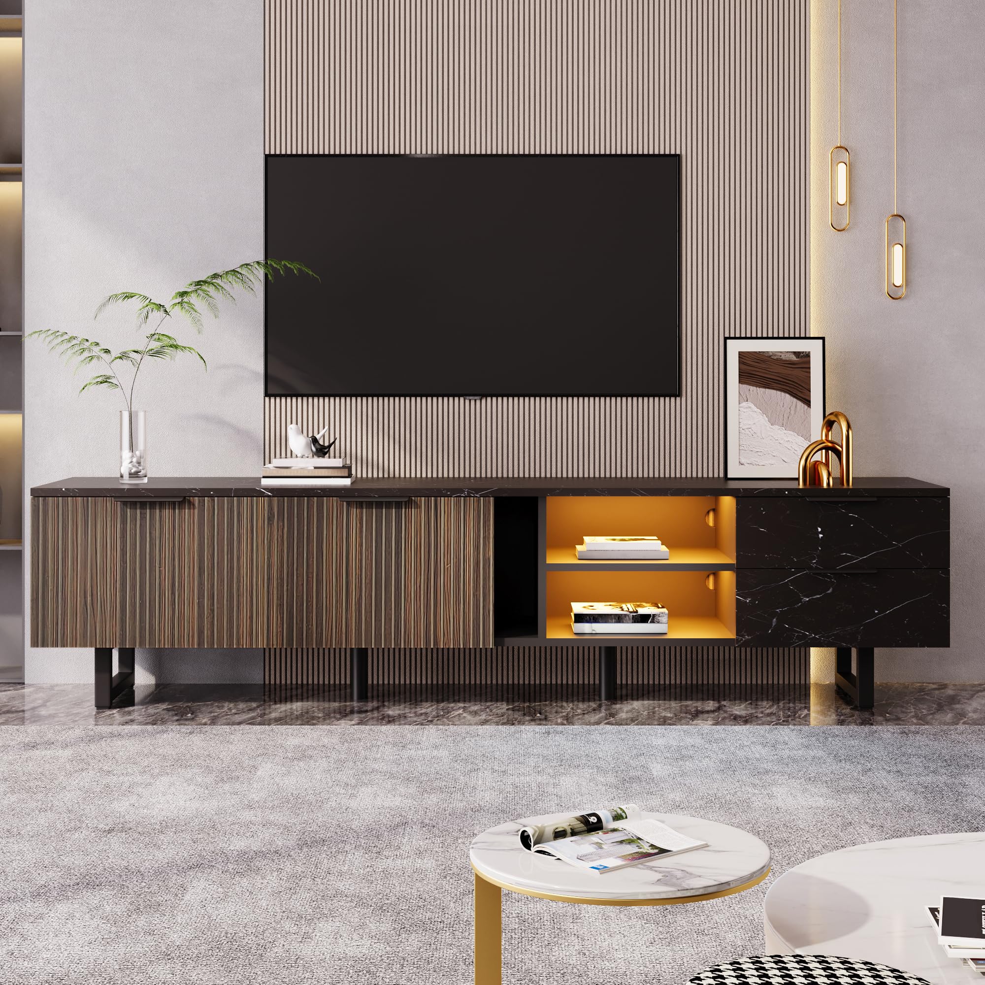 Mobile TV da 200 cm con effetto marmo nero e ante in venatura di legno, illuminazione a LED, due ante, due cassetti, ampio spazio di archiviazione, ideale per soggiorno e arredamento moderno