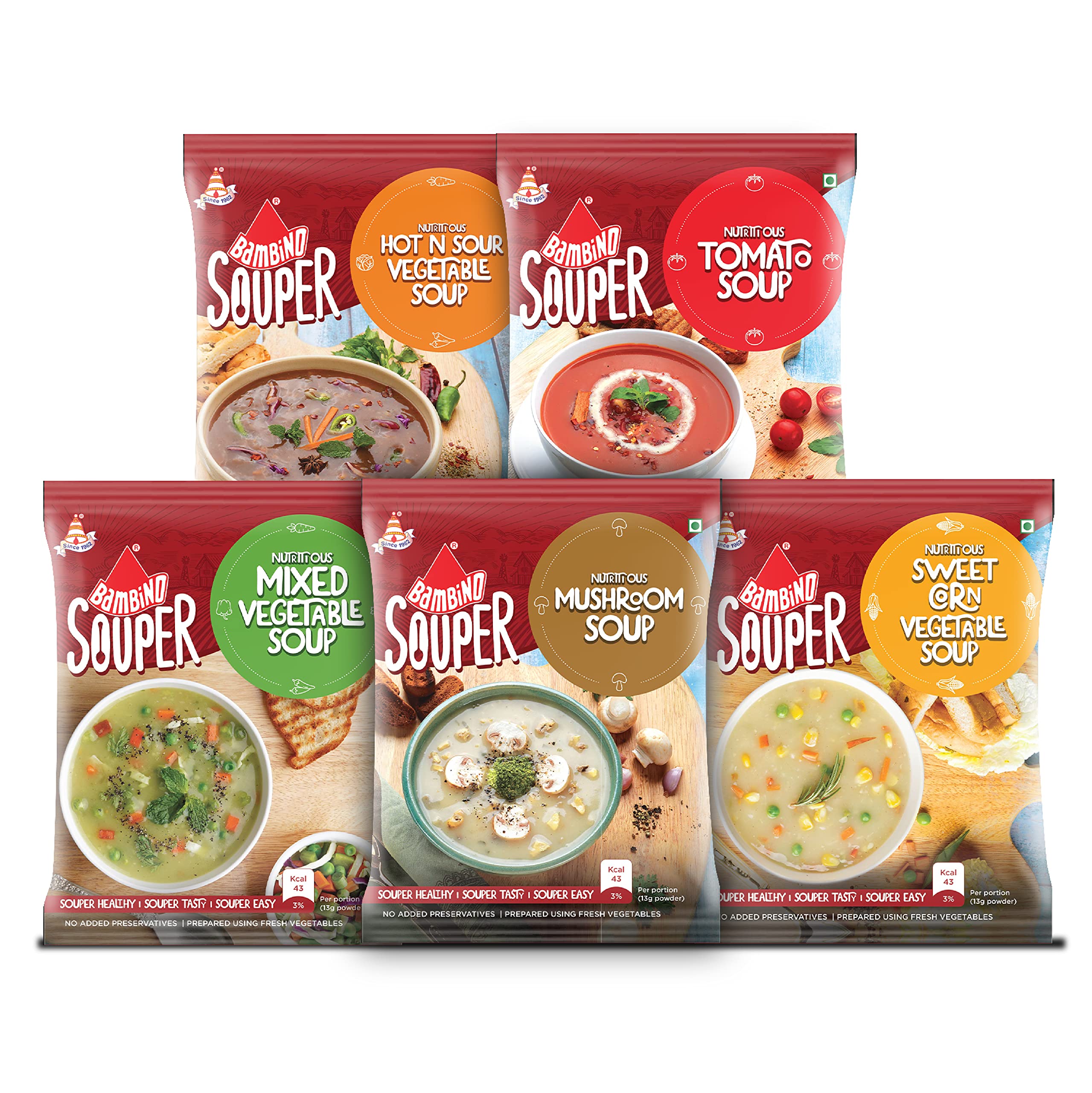 Bambino Soups Combo - (5 Pieces) Contains Tomato (1packet-50gms) , Hot N Sour - (1 packet-40gms) , Sweet Corn - (1 packet-45gms), Mushroom (1packet-45gms), Mix-Veg (1packet-45gms) (B096S7L4YF) Amazon Price History, Amazon Price Tracker