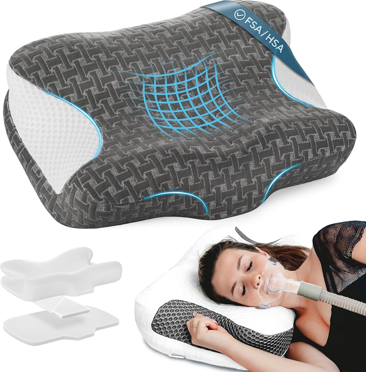 Elviros CPAP Pillow HSA/FSA for Side Back and Stomach Sleepers | Adjustable Firmness & 4 Heights, Ergonomic Memory Foam Cervical Neck Pillow for Sleep Apnea, Reduce Air Leaks & Mask Pressure