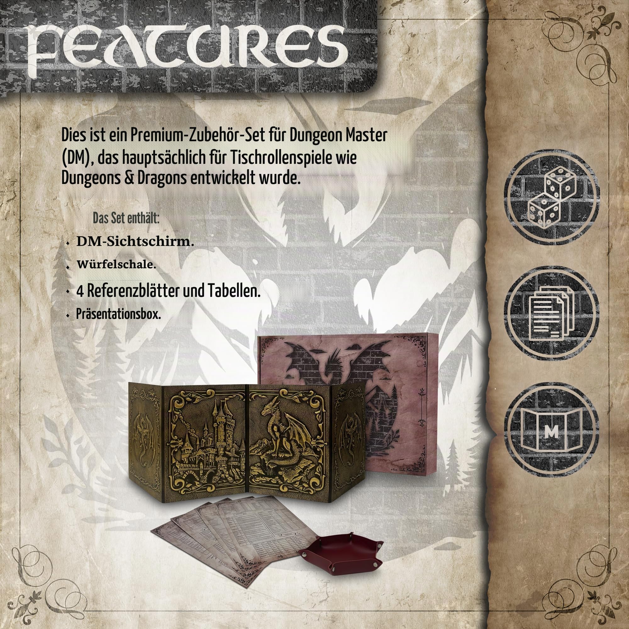 Dungeon Master Screen mit Würfelschale DOJA Hobbies, DM Screen DND Faltbar mit 4 Panels in Goldfarbener Kunstleder-Optik, mit Personalisierbare Einlagen, Zubehör Dungeons and Dragons Rollenspiel