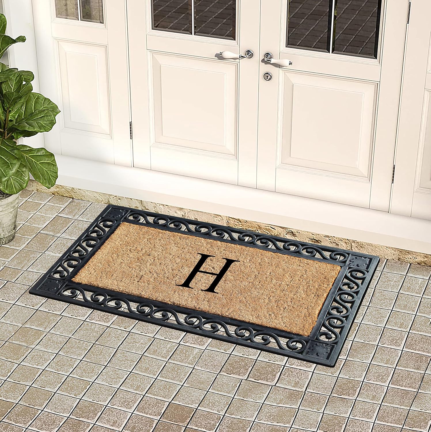 A1HC Natural Coir Monogrammed Door Mat for Front Door, 23x38, Anti-Shed Treated Durable for Outside Entrance, Heavy Duty, Thin Profile Mat, Easy to Clean, Long Lasting Entrymat - Black Beige