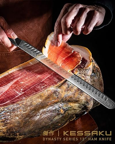 Miniatura 2 de Juego de cuchillo de trinchar de 12 pulgadas y tenedor de carne de 7 pulgadas - Serie Dynasty - 67 capas AUS-10V de acero Damasco japonés - Borde