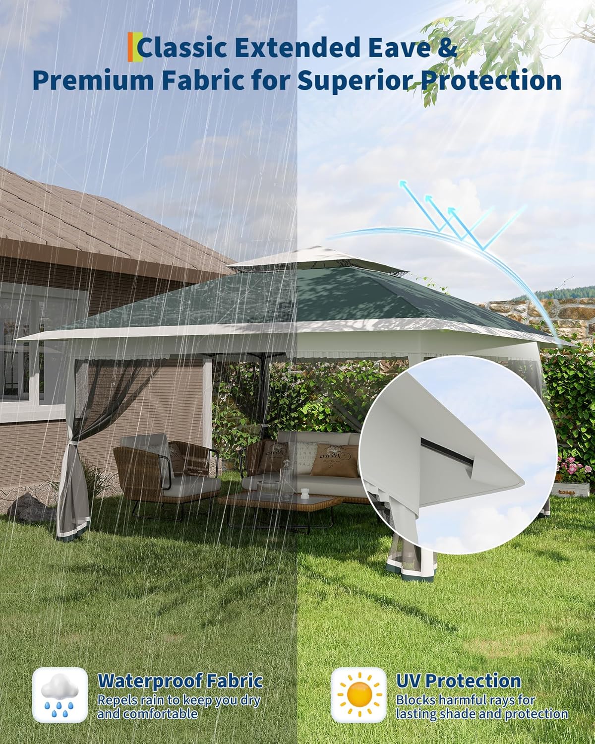 Canopy Tent 13x13 ft, Pop Up Gazebo One-Push Setup with 4 SandBags for Backyard Parties and BBQs, Mosquito Netting & Height Adjustable - Green