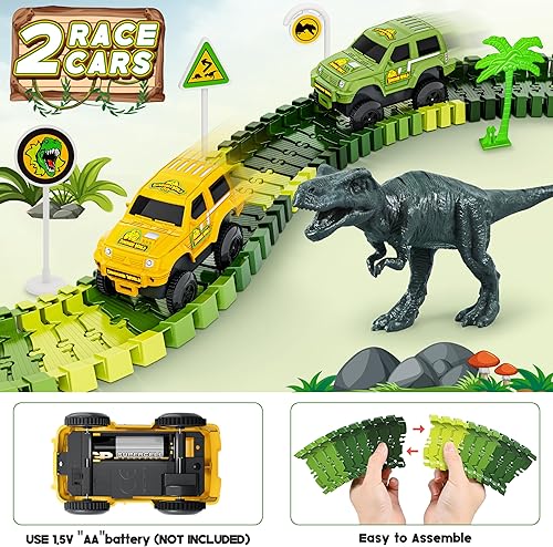 Miniatura 4 de Pistas de dinosaurios, 271 piezas Create A Dinosaur World Road Race para niños, juguetes flexibles de tren con 2 autos de carreras geniales y 2