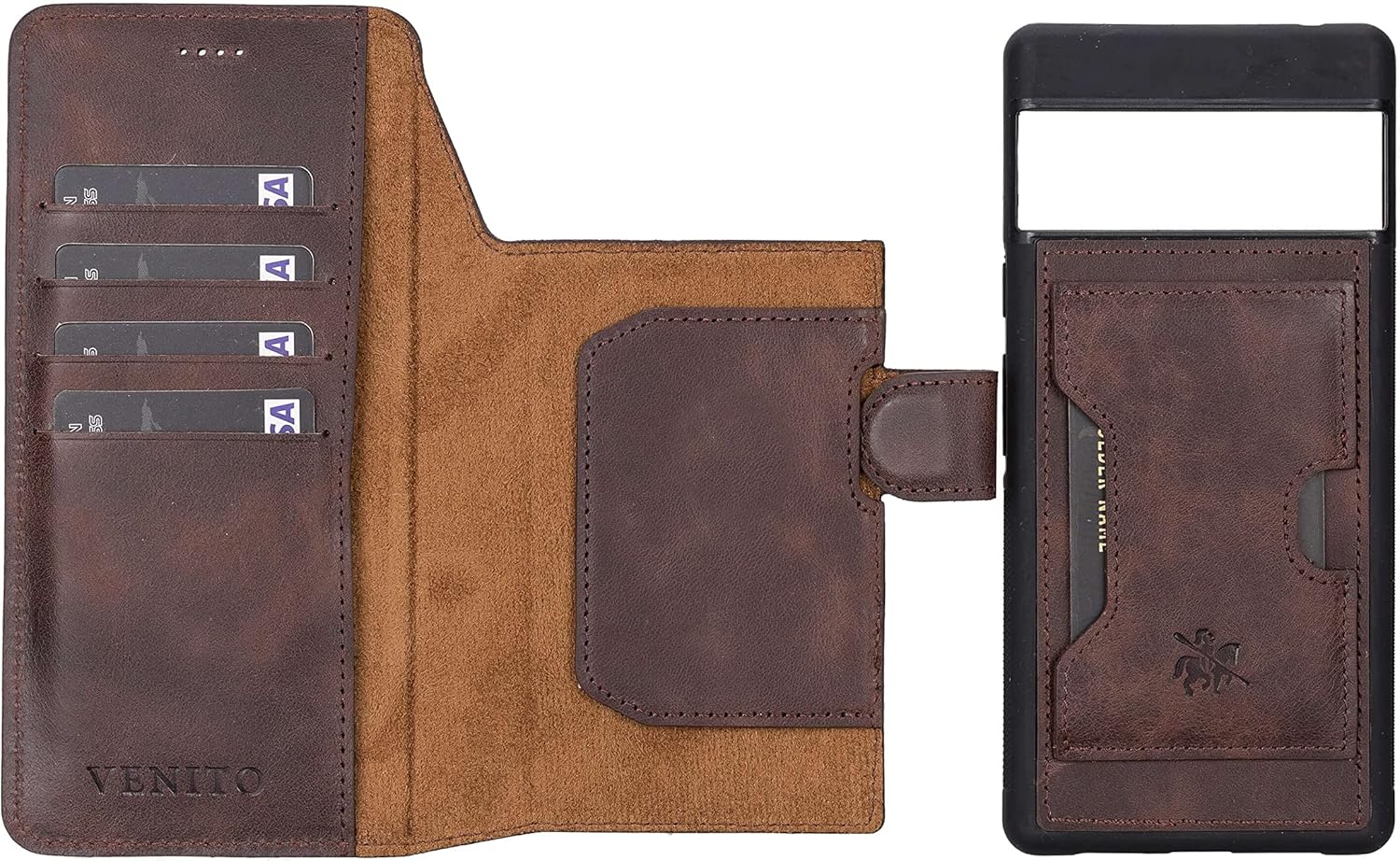 Venito Florence-Flex RFID Blocking Leather Wallet Case Compatible with Google Pixel 6 Pro - Non-Magnet Slide in Detachable Wallet Case - Antique Brown (Coffee Brown)