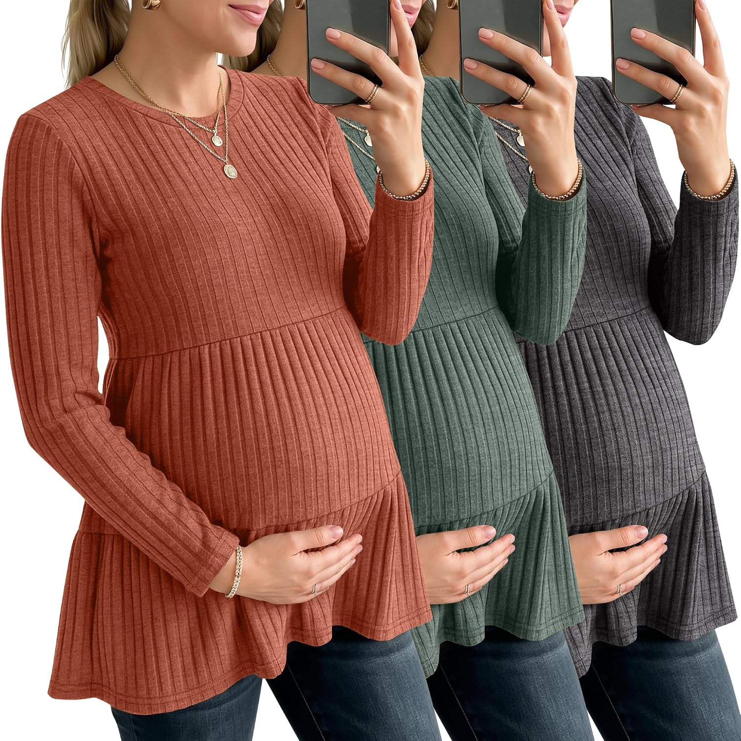 Ficerd 3 Pack Women Maternity Shirts Peplum Babydoll Tops