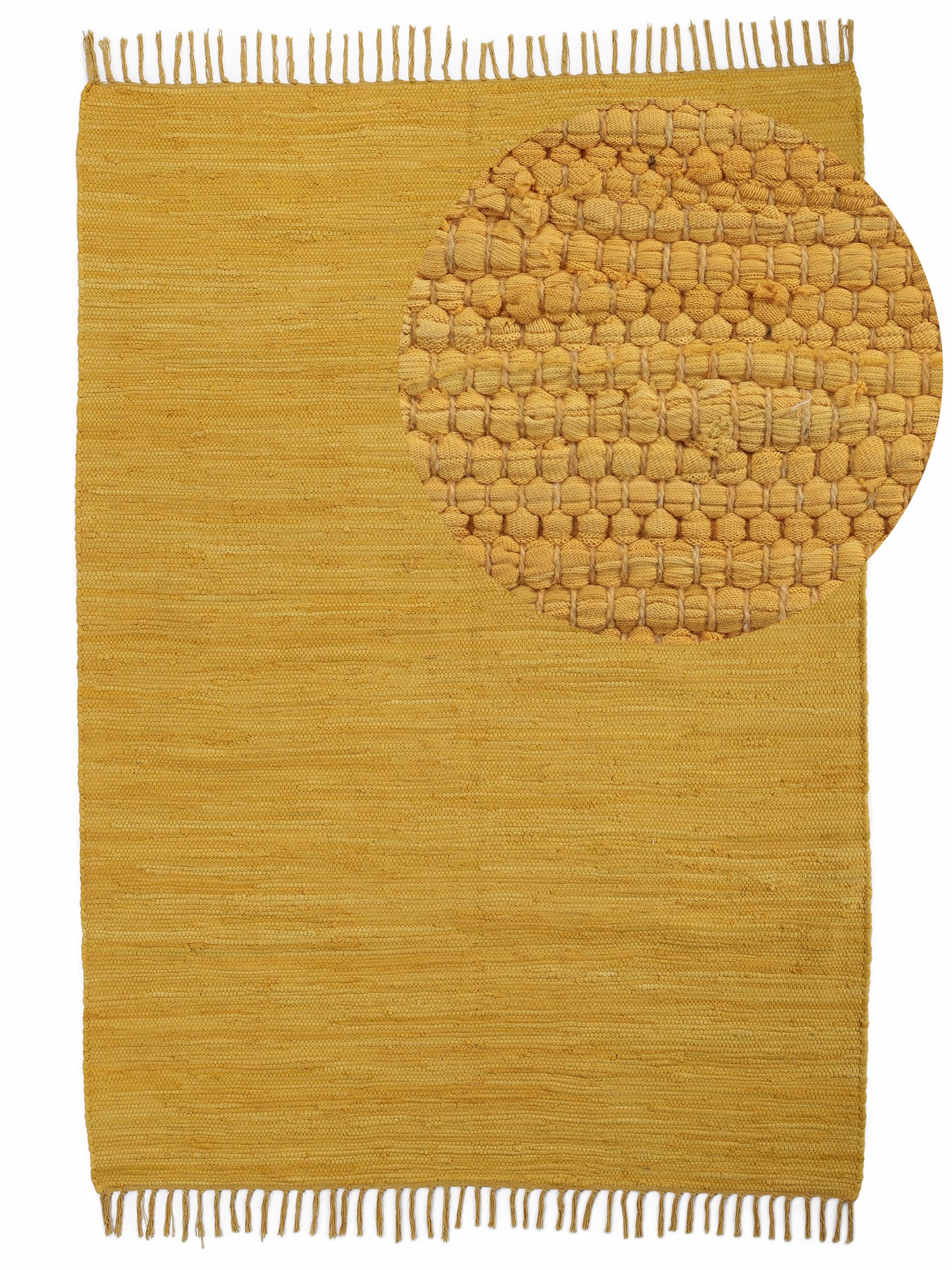 carpetfine Flickenteppich Kelim Chindi Uni Gelb 190x290 cm, handgewebt | Fleckerlteppich aus Baumwolle für Wohnzimmermit Fransen