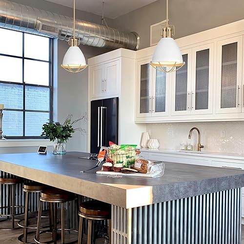 Vista 42 de Kent - Lámpara de techo industrial de metal enjaulado de gran tamaño, azul y dorado