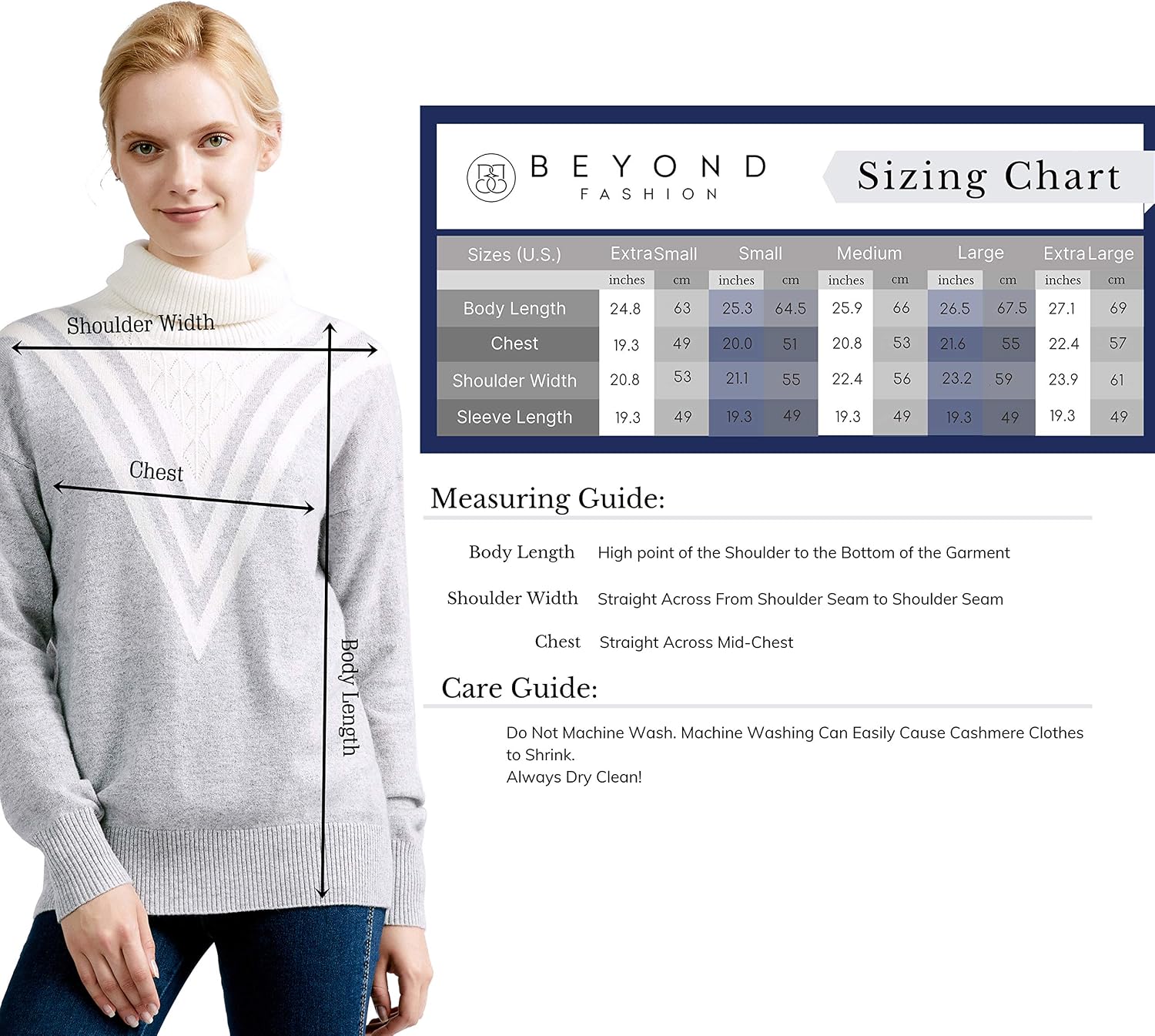 BEYOND FASHION Women's 100% Pure Cashmere Sweater Turtle Neck Drop Shoulder Long Sleeve Pullover