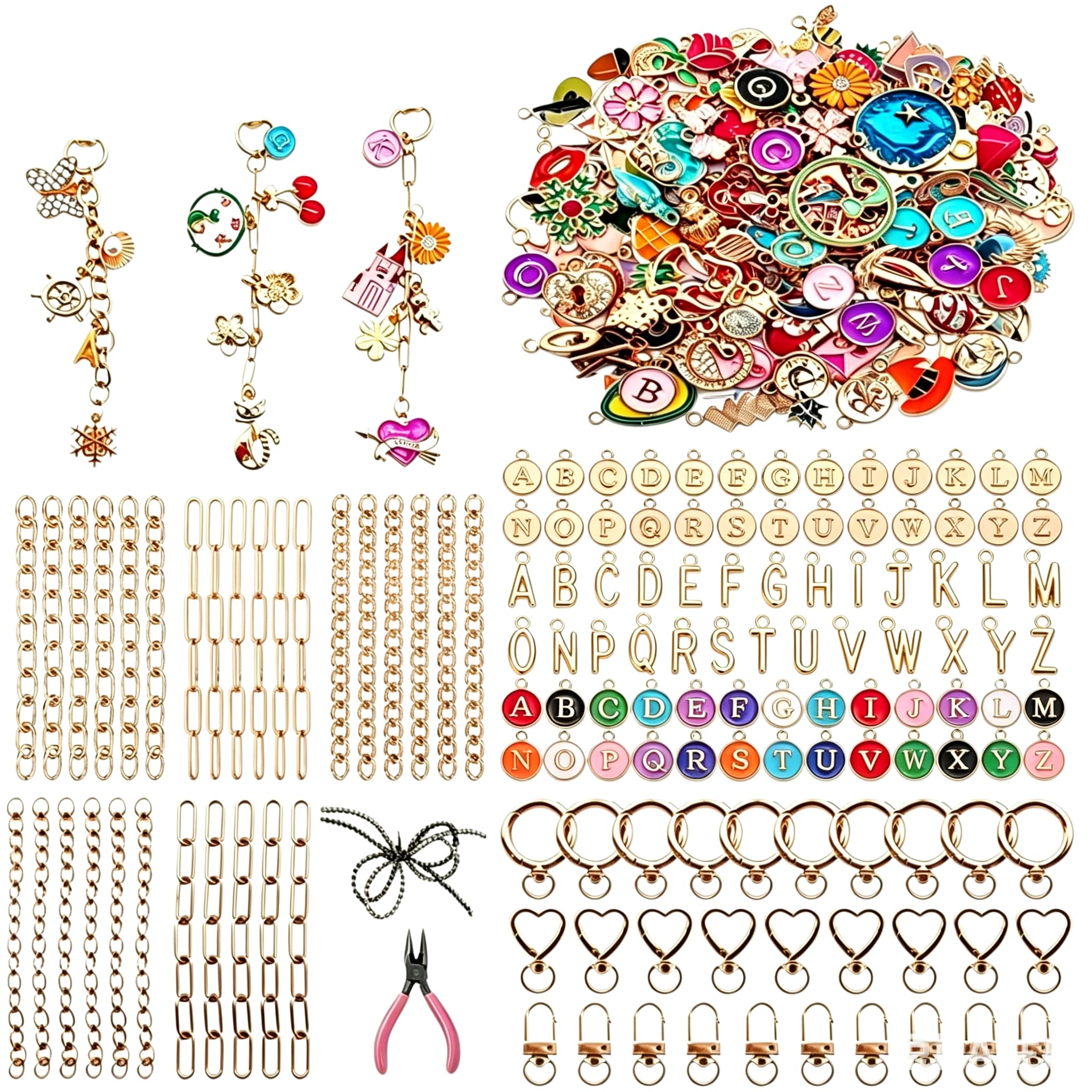 Thmxit 537PCS Charms Lip Gloss Keychain Making Kit, Bag Charm Kit Including 198 Charms, 24 Keychain Clips, 25 Extender Chains, Jewelry Plier Jewelry Making Kit for DIY Keychains Making Supplies