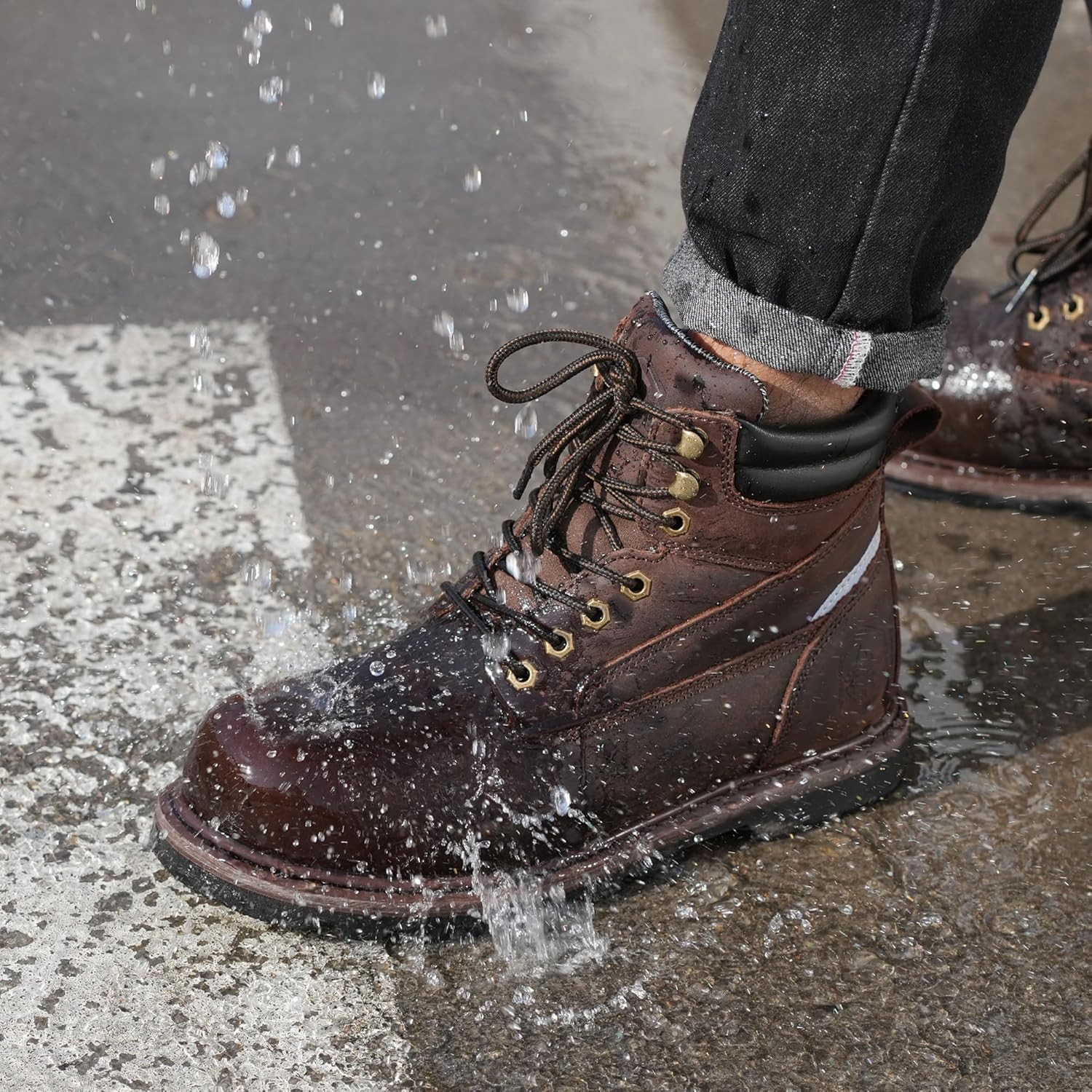 Steel Toe Work Boots for Men 6 Inch Waterproof Non Slip Rubber Comfort Leather Safety Durable Industrial Construction Boots