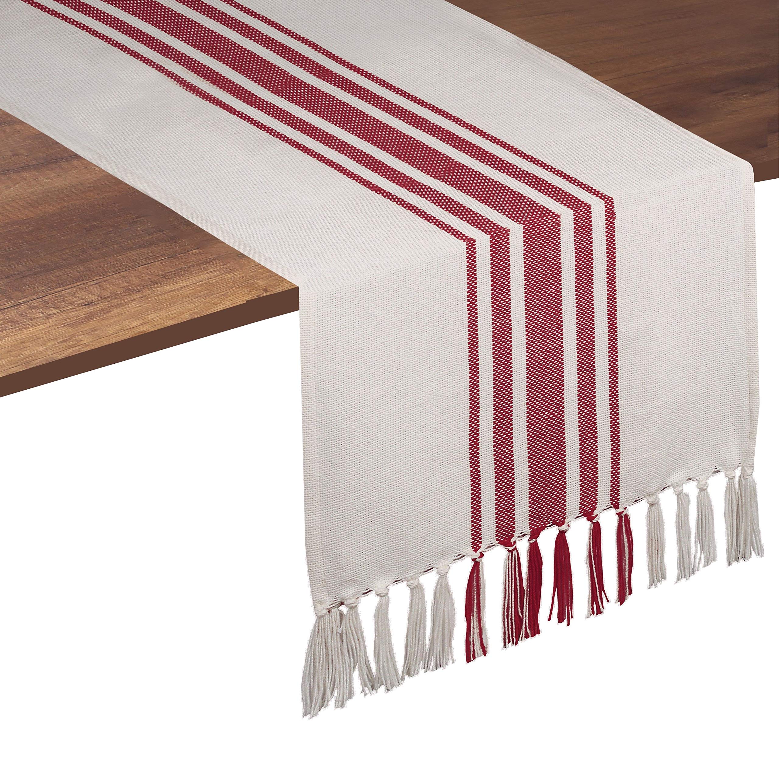 Native Fab Red Striped Table Runner - 90 Inches Long Farmhouse Table Covers with Tassels - 100% Cotton, Tight Weave, Non-Slip Tablerunner for Dining, Kitchen, Dresser, Events - Red White (14