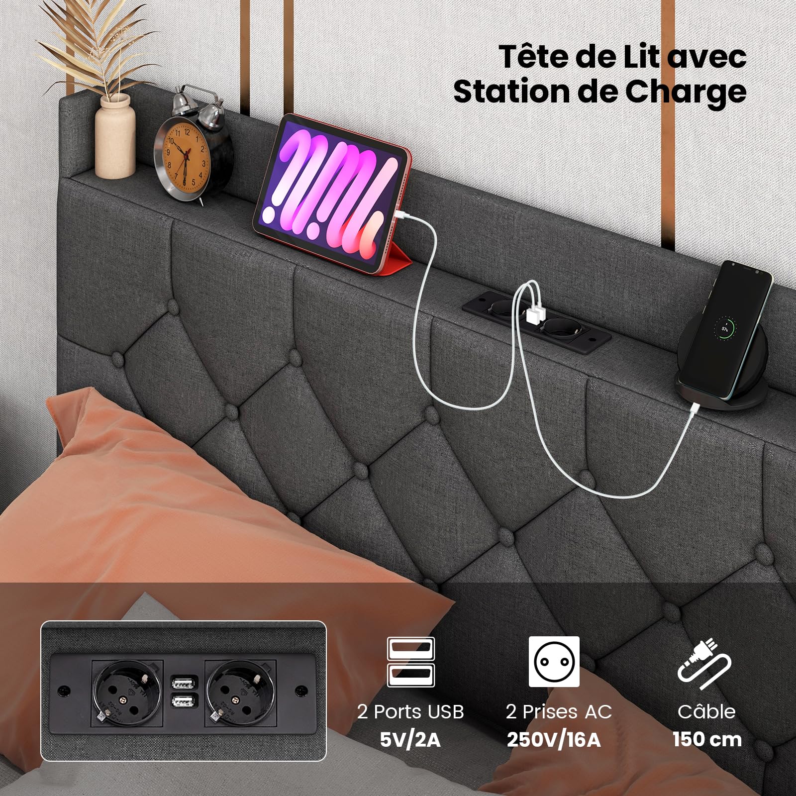 Lit Plateforme 160x200 Avec LED, Multiprise USB, 4 Tiroirs - Tête De Lit Rembourrée Avec Rangement - Gris Anthracite