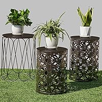 Vista 14 de Y&M Juego de 3 mesas auxiliares doradas, mesa de centro redonda de metal anidable, taburete de jardín de metal resistente, para uso multifuncional