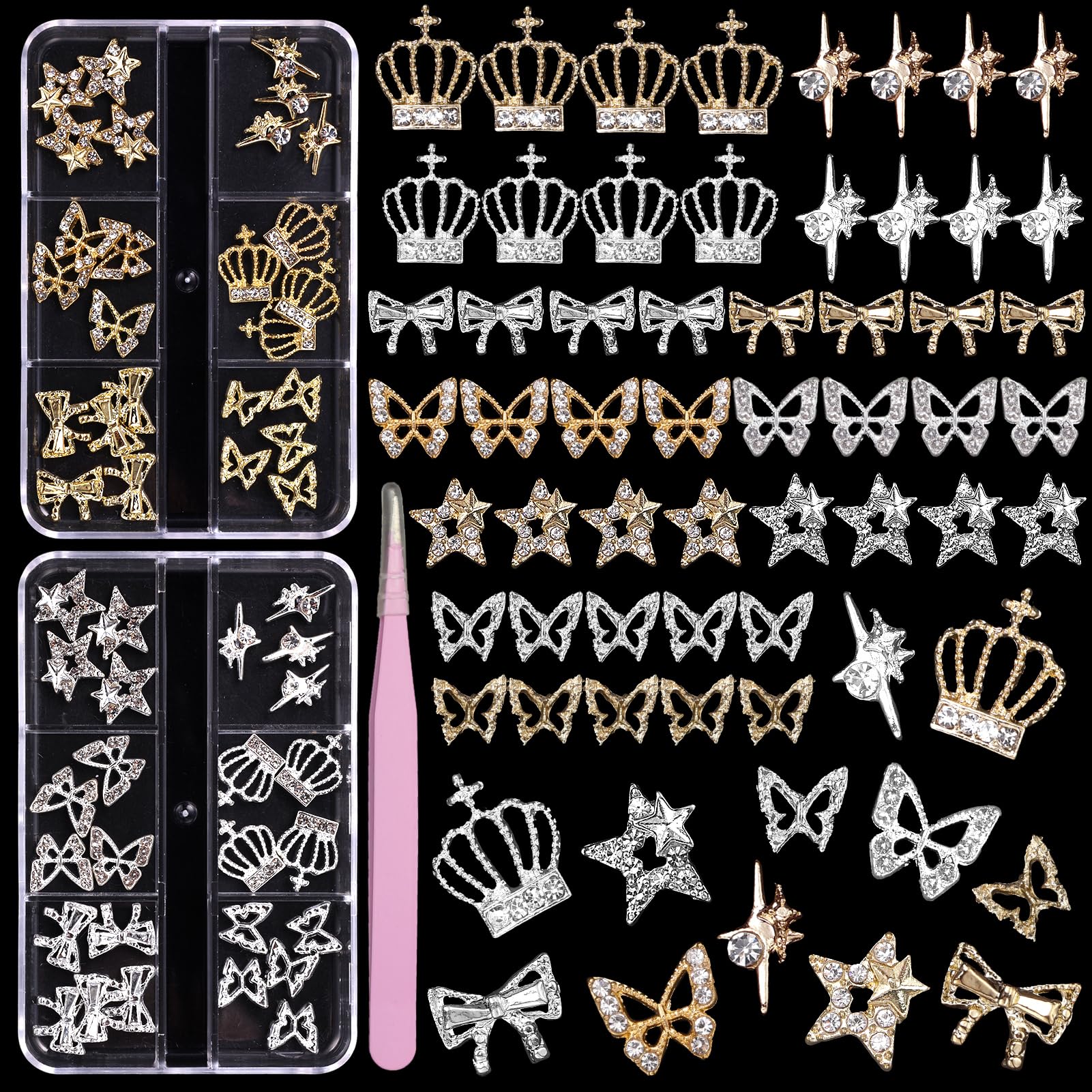 2 Boxes Star Crown Butterfly Nail Gems Charms Set, 3D Sliver Gold Alloy Bowknot Nail Bow Charms, Cross Star Alloy Nail Rhinestones Charms Jewelry for