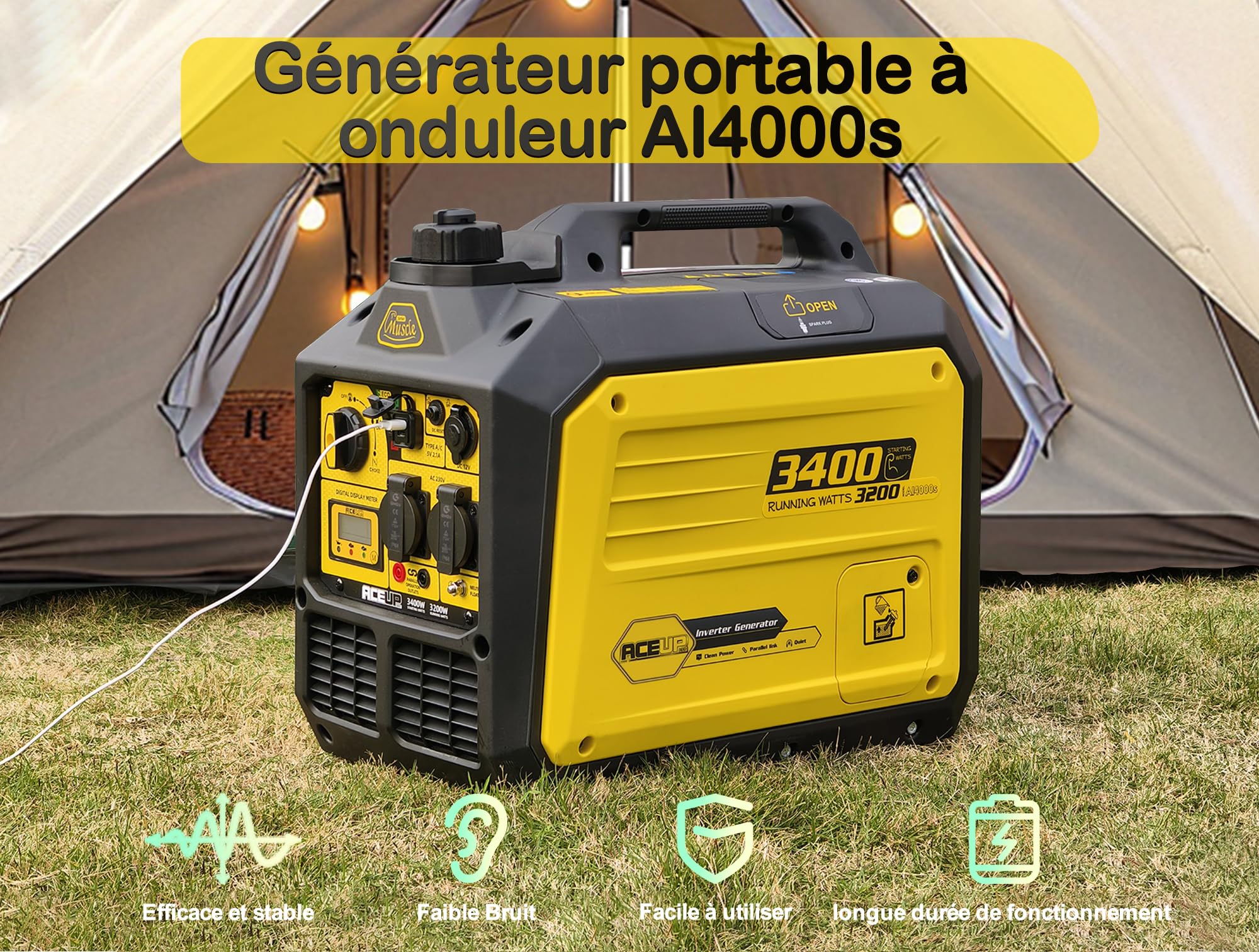 Aceup Energy 3400 W Générateur à onduleur, générateur à essence, générateur de secours avec prises de courant CA 230 V, 12 V et 5 V, moteur 4 temps, réservoir de 5 litres, pour le camping, la maison