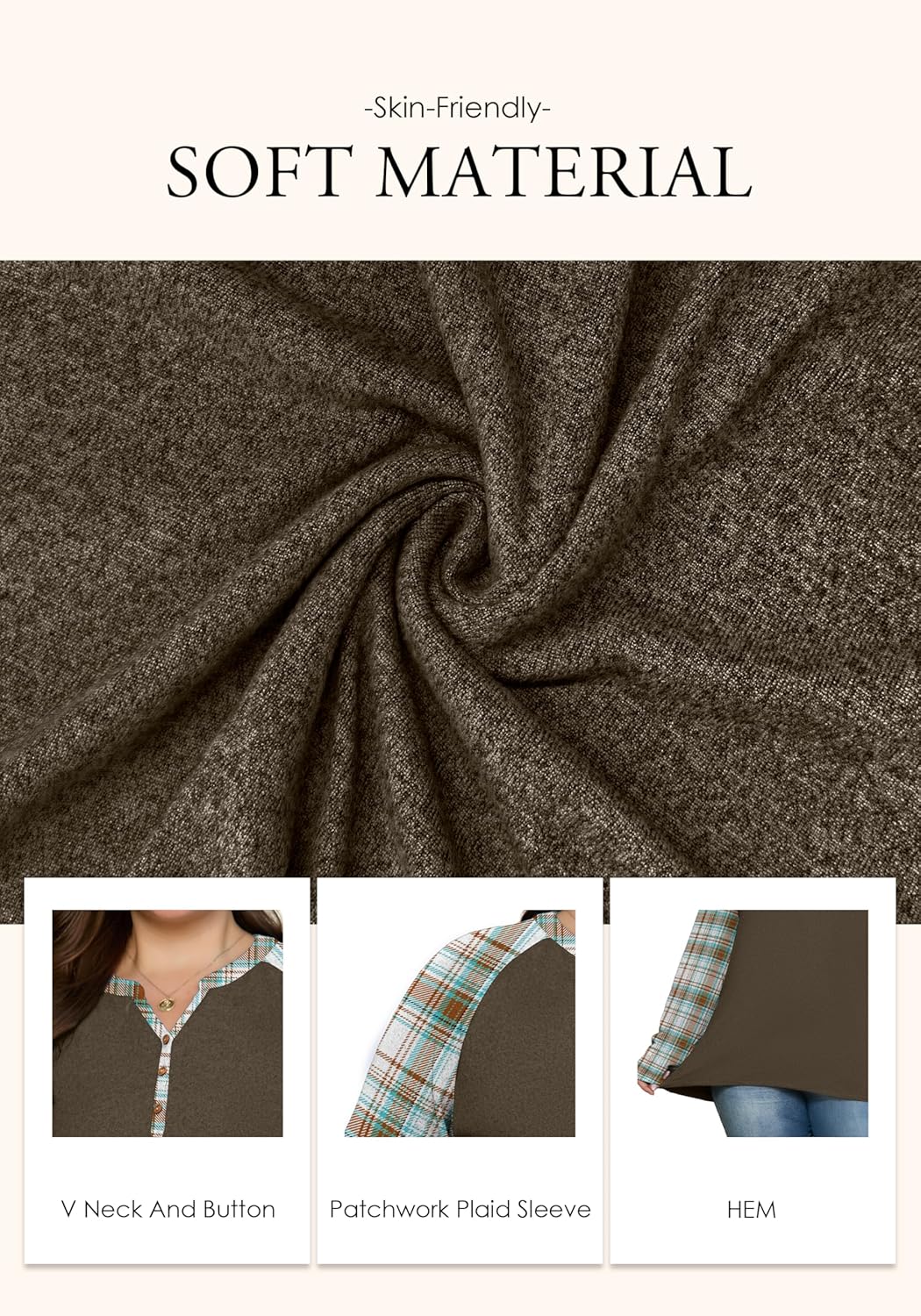 OLRIK Plus Size Tops for Women 2025 Fall Plaid Long Sleeve Henley Shirts Casual V Neck Button Tunic Tops - Image 5