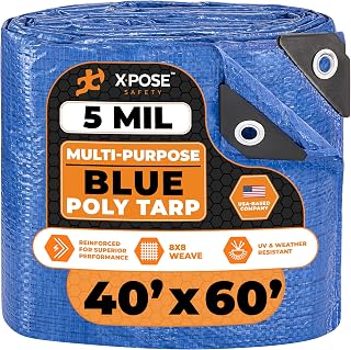 Better Blue Poly Tarp 40' x 60' - Multipurpose Protective Cover - Lightweight, Durable, Waterproof, Weather Proof - 5 Mil Thick Polyethylene - by Xpose Safety