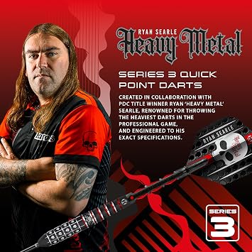 Harrows Ryan Searle Heavy Metal Series 3 90% Tungsten Darts Steel Tip Darts with Quick Point System 22g 23g 24g 26g 30g & 32g With Quick Point Tool Carbon ST Shafts & Silica Flights
