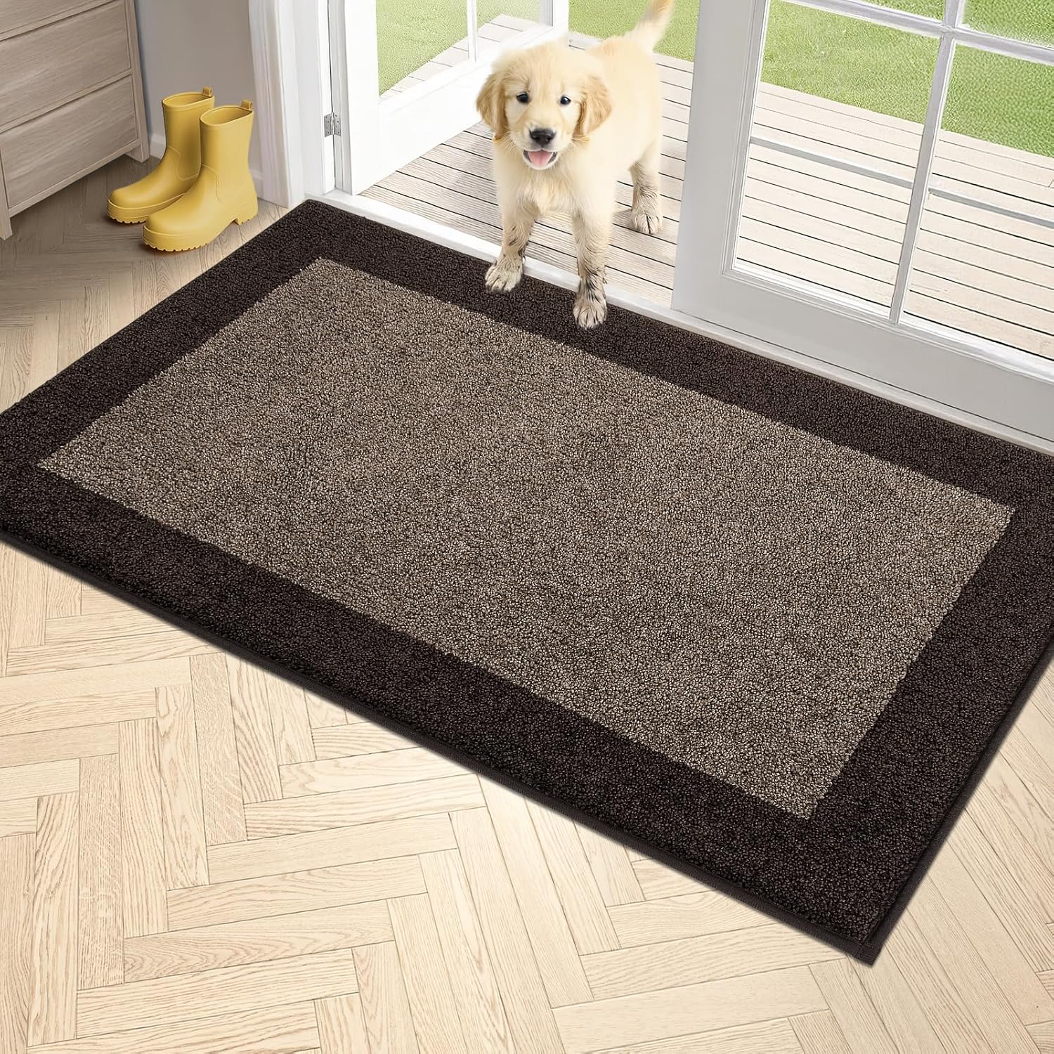 PURRUGS Dirt Trapping Door Mat 34" x 60", Non-Slip/Skid Machine Washable Entryway Rug, Shoes Scraper, Throw Rug, Super Absorbent Area Rug for Muddy Wet Shoes and Paws, Grayish Brown & Coffee